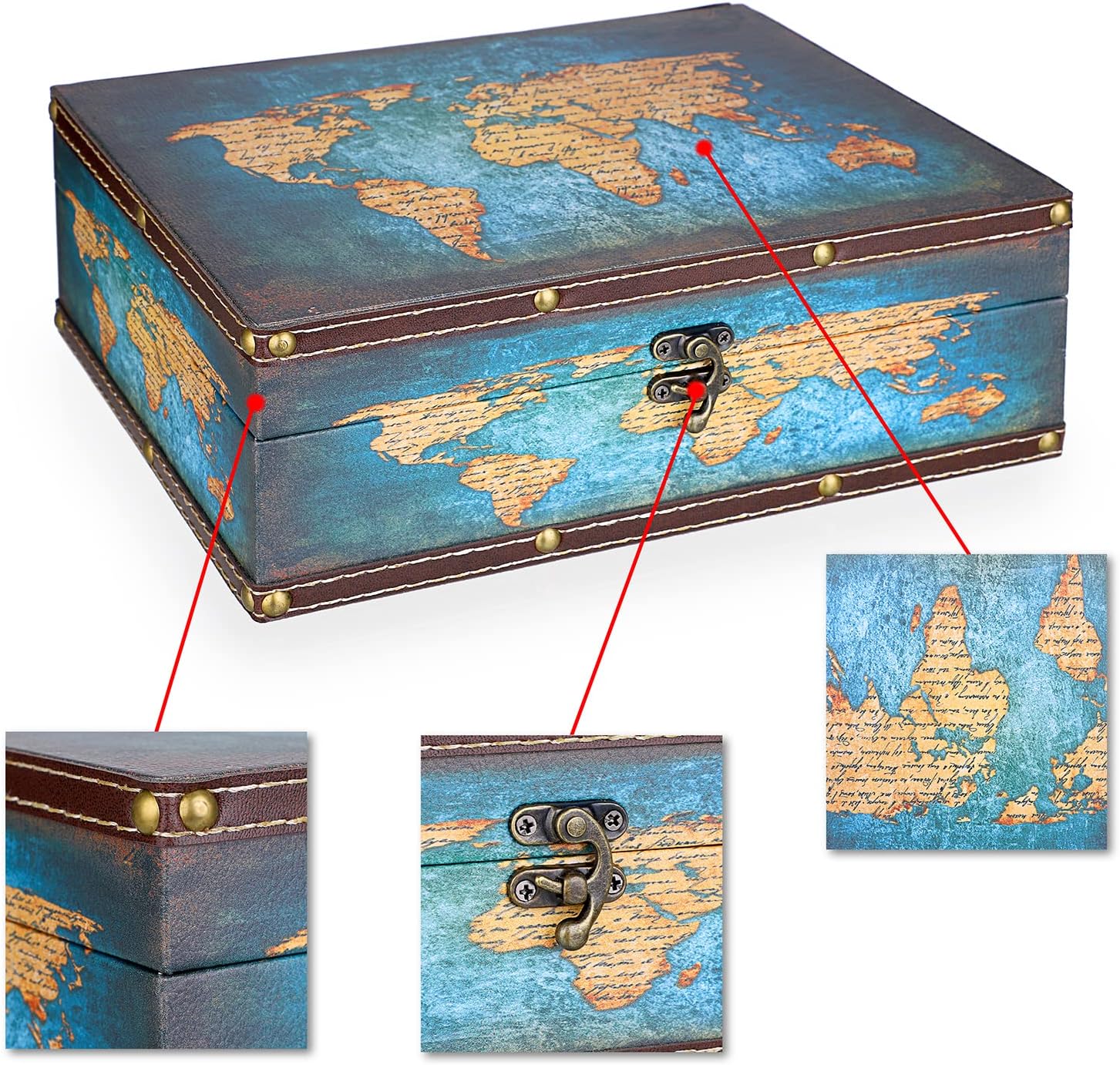 Wooden + PU Leather Storage Box for Jewelry Trinkets Photos / Green Map Pattern