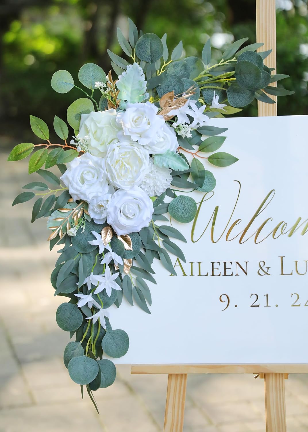 Artificial White Wedding Arch Flower Swags for Welcome Signs / White & Gold / Set of 2