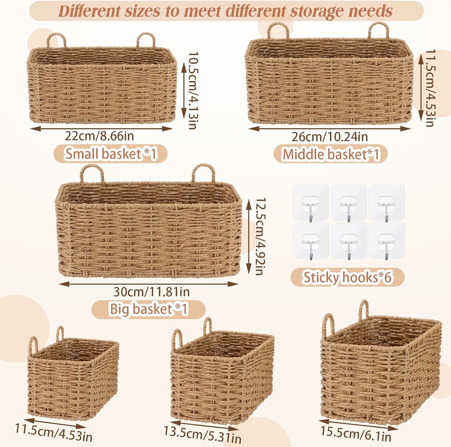 3 Piece Wall Hanging Baskets for Organizing Woven Baskets Sets Boho Style / Natural Tan / Rectangle