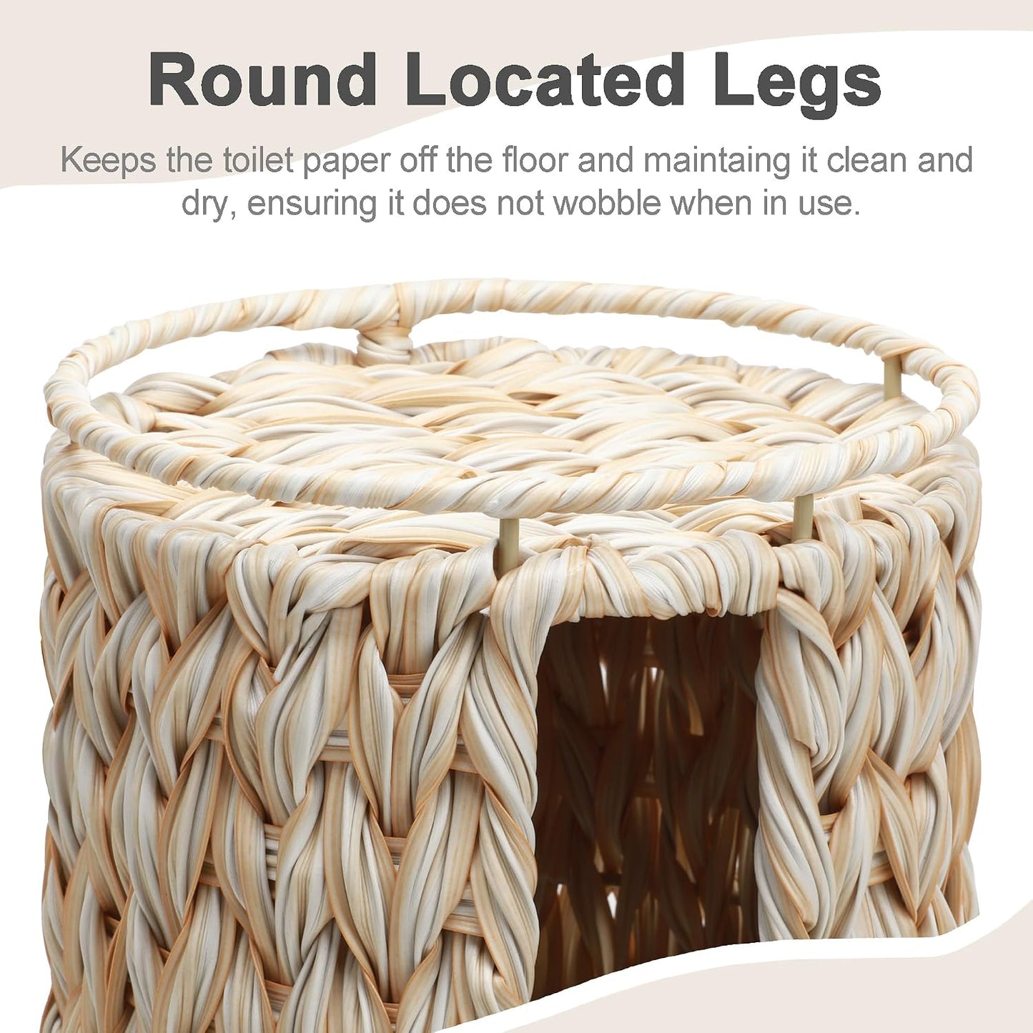 Toilet Paper Holder Stand with Lid Free Standing Storage for Bathroom Beige | Wciker, Water Hyacinth, 3 Rolls of Toilet