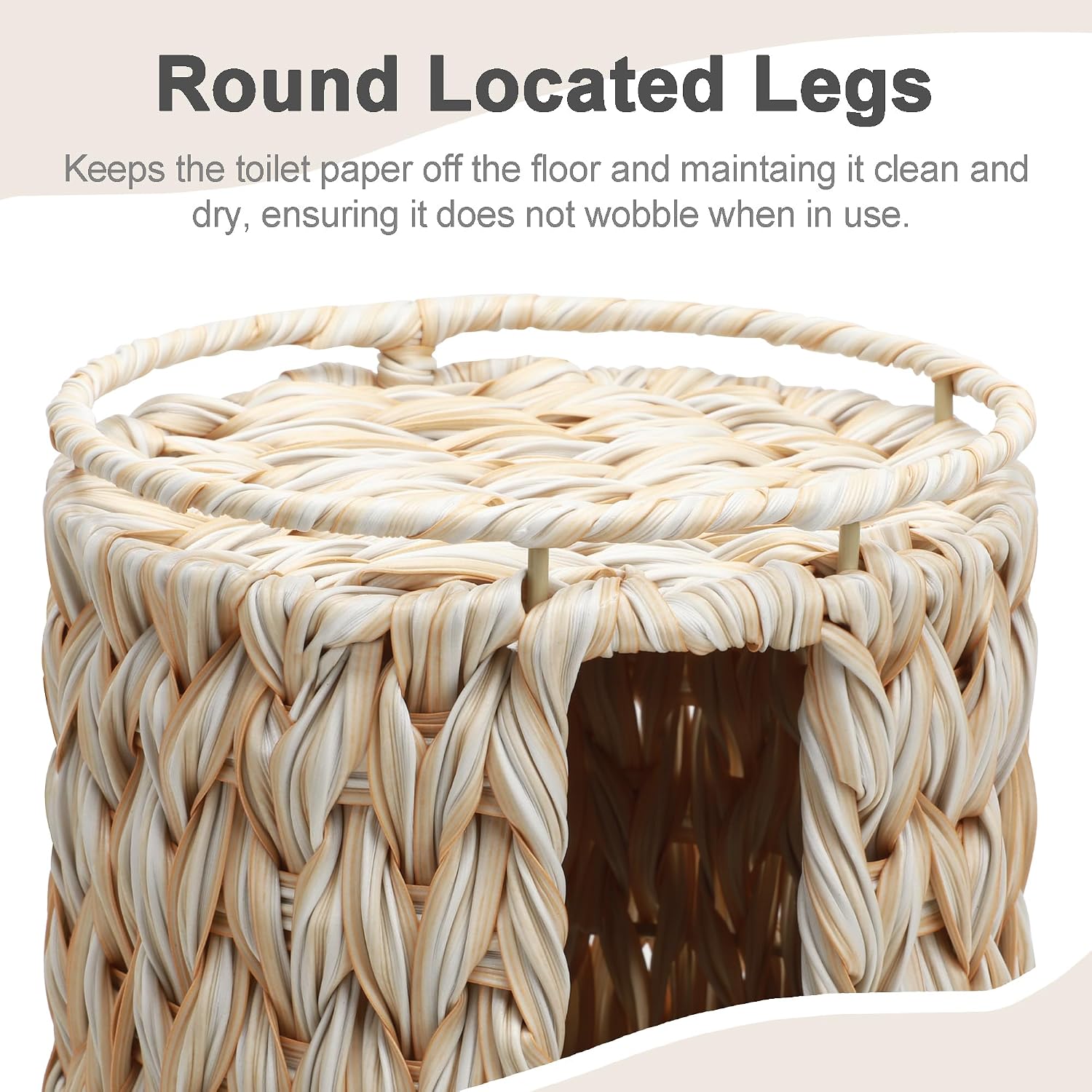 Toilet Paper Holder Stand with Lid Free Standing Storage for Bathroom Beige | Wciker, Water Hyacinth, 3 Rolls of Toilet