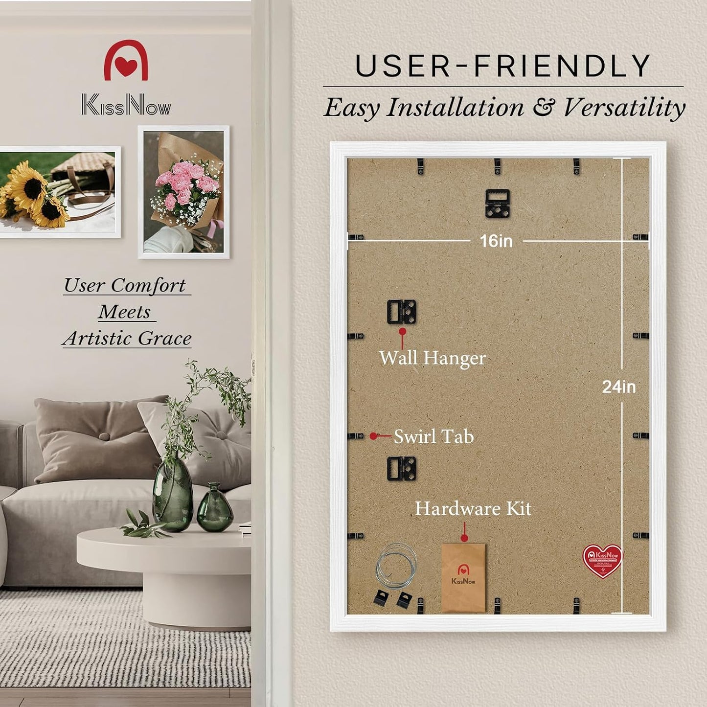 16x24 Picture Frame, White Solid Wood, 2 Pack, Wall Hanging for Art | Thick & Wide Border, HD Plexiglass, Horizontal or
