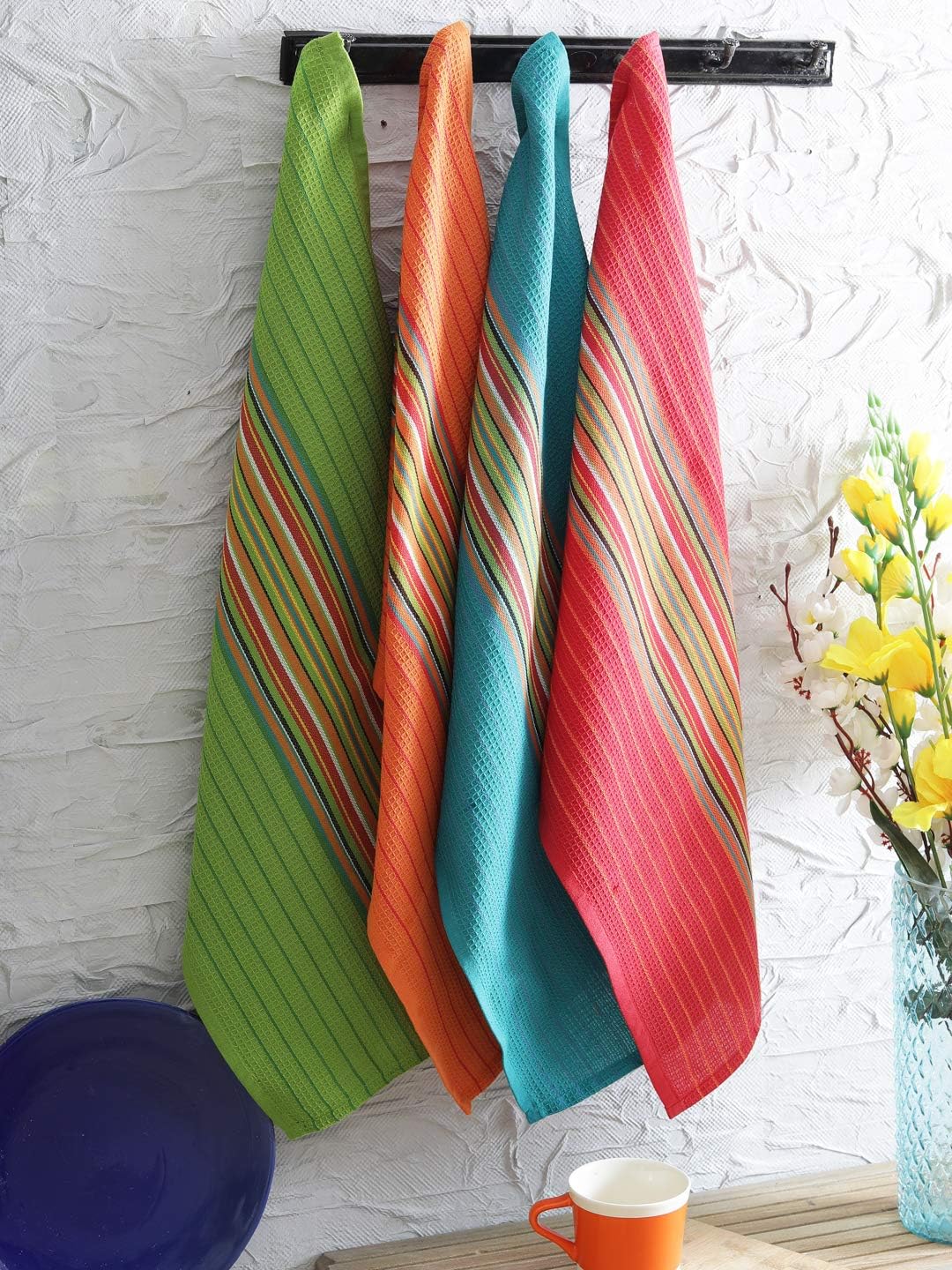 Salsa Stripe Kitchen Dish Towels, 100% Cotton, Highly Absorbent, Multi Purpose Waffle Tea Towels for Cooking, Drying &