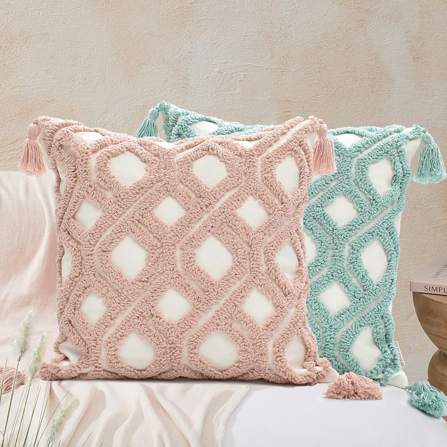 Boho Pillow Covers Boho Tufted Throw Pillow Covers Decorative Tassels Cushion / Boho Aqua / 18 x 18