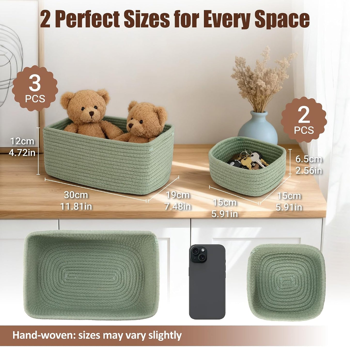 Small Woven Rope Storage Baskets / Green / 11.81*7.48*4.72'' & 5.91*5.91*2.56 / Set of 5