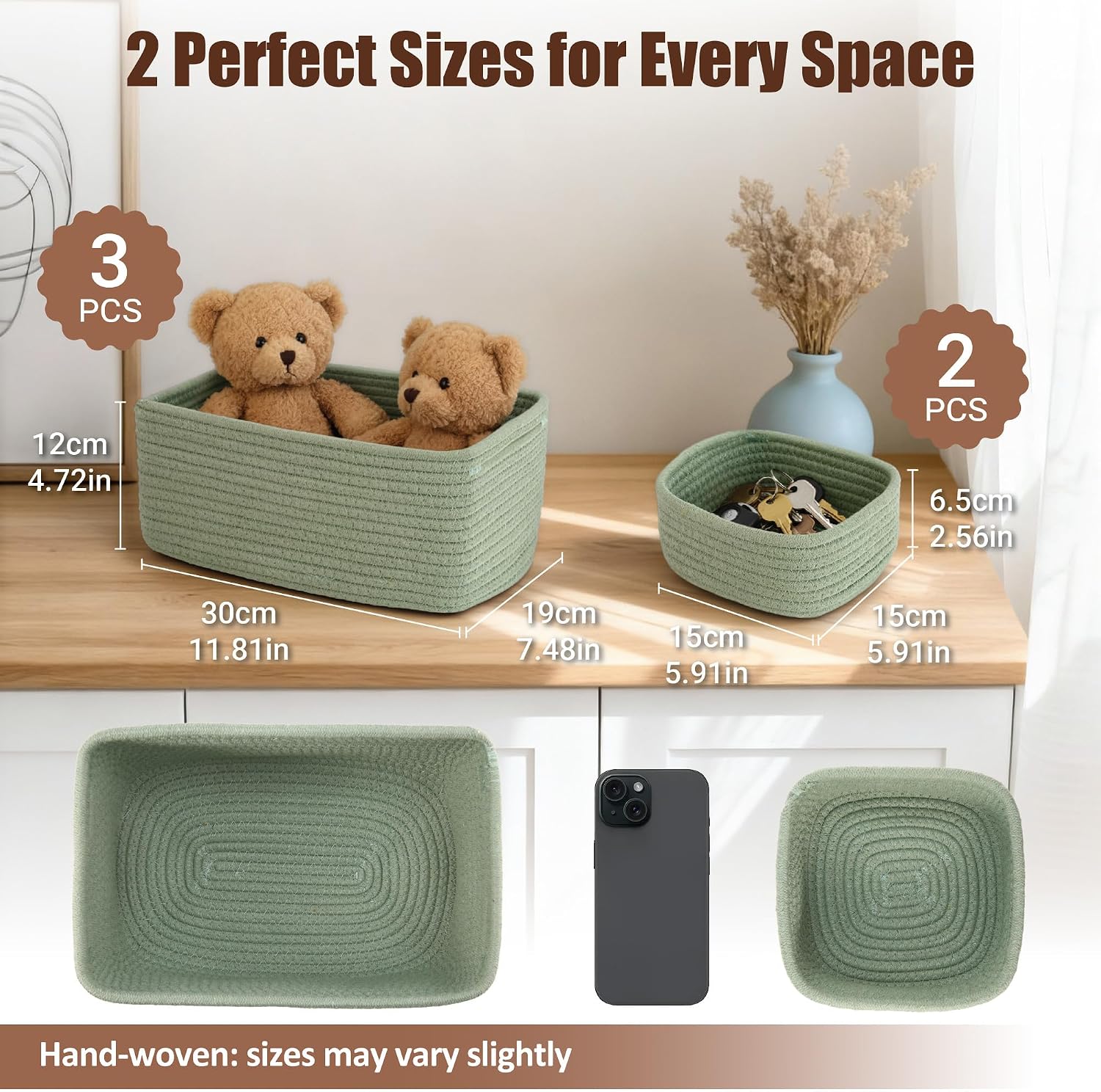 Small Woven Rope Storage Baskets / Green / 11.81*7.48*4.72'' & 5.91*5.91*2.56 / Set of 5