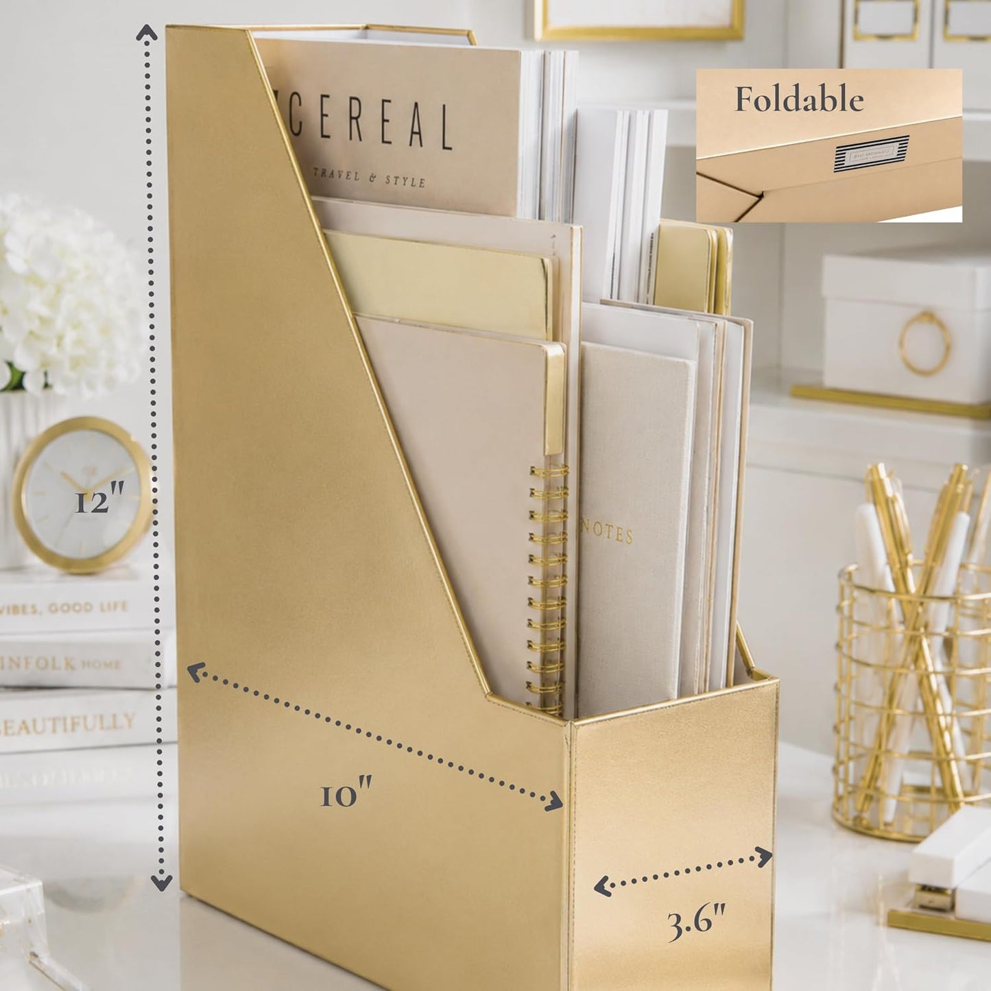 BLU MONACO | Gold Cardboard Magazine File Holder Set of 4 | Vertical Magazine File Holder for Shelves | Standing File