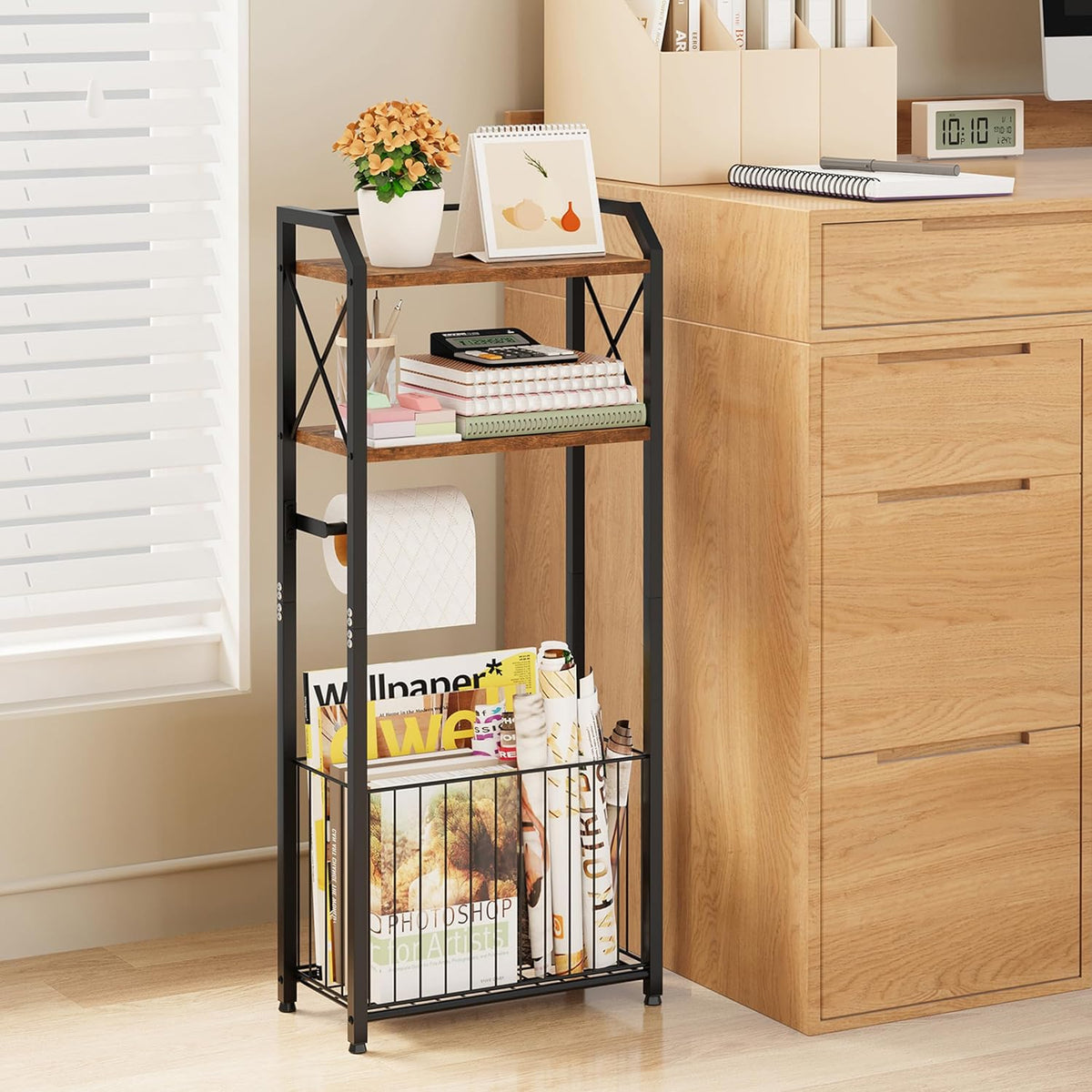 HapiRm Freestanding Toilet Paper Holder - 4-Tier Bathroom Tissue Organizer with Wood Shelves and Large Basket, Toilet