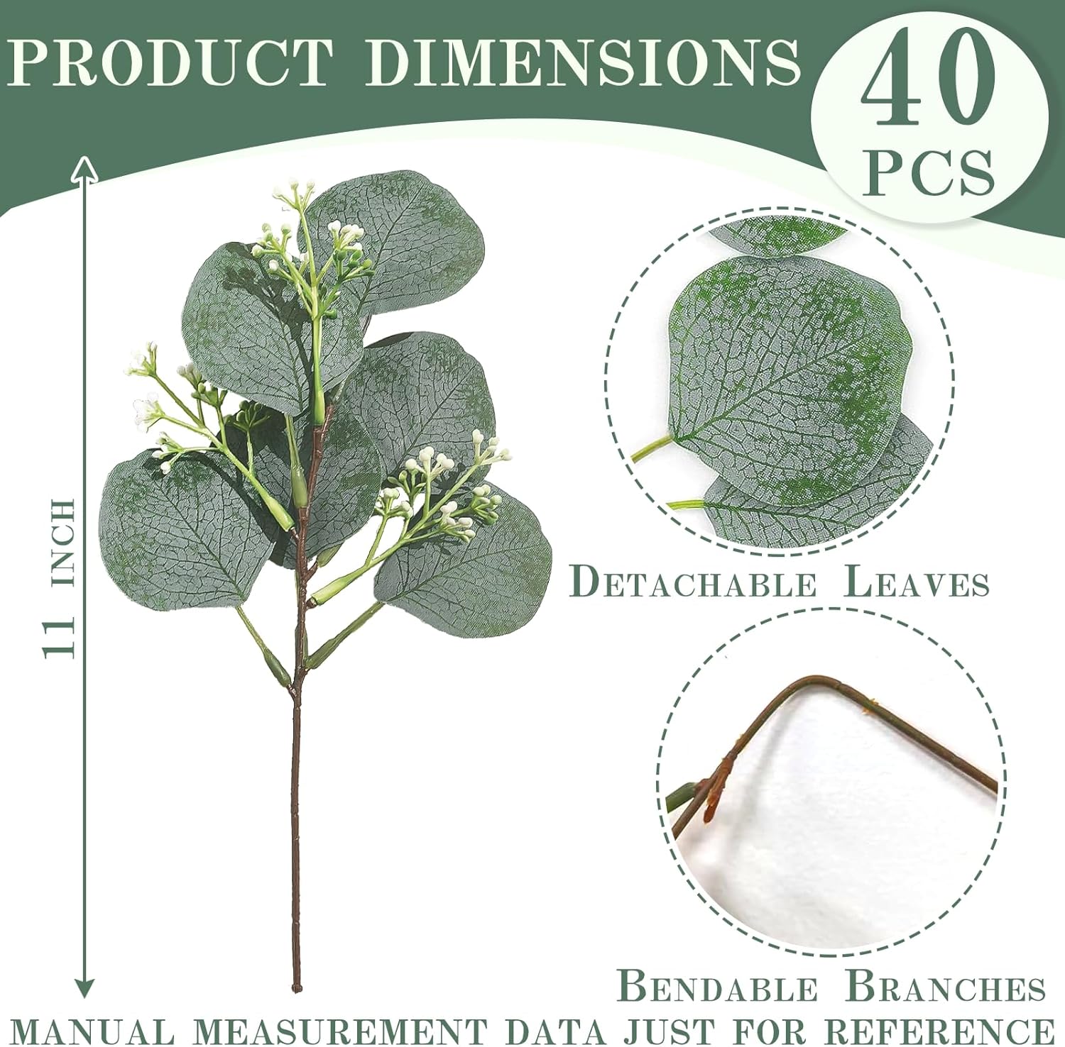 Faux Eucalyptus Leaves Stems Bulk Dollar White Seed Artificial Greenery Stems / Silver / Set of 40