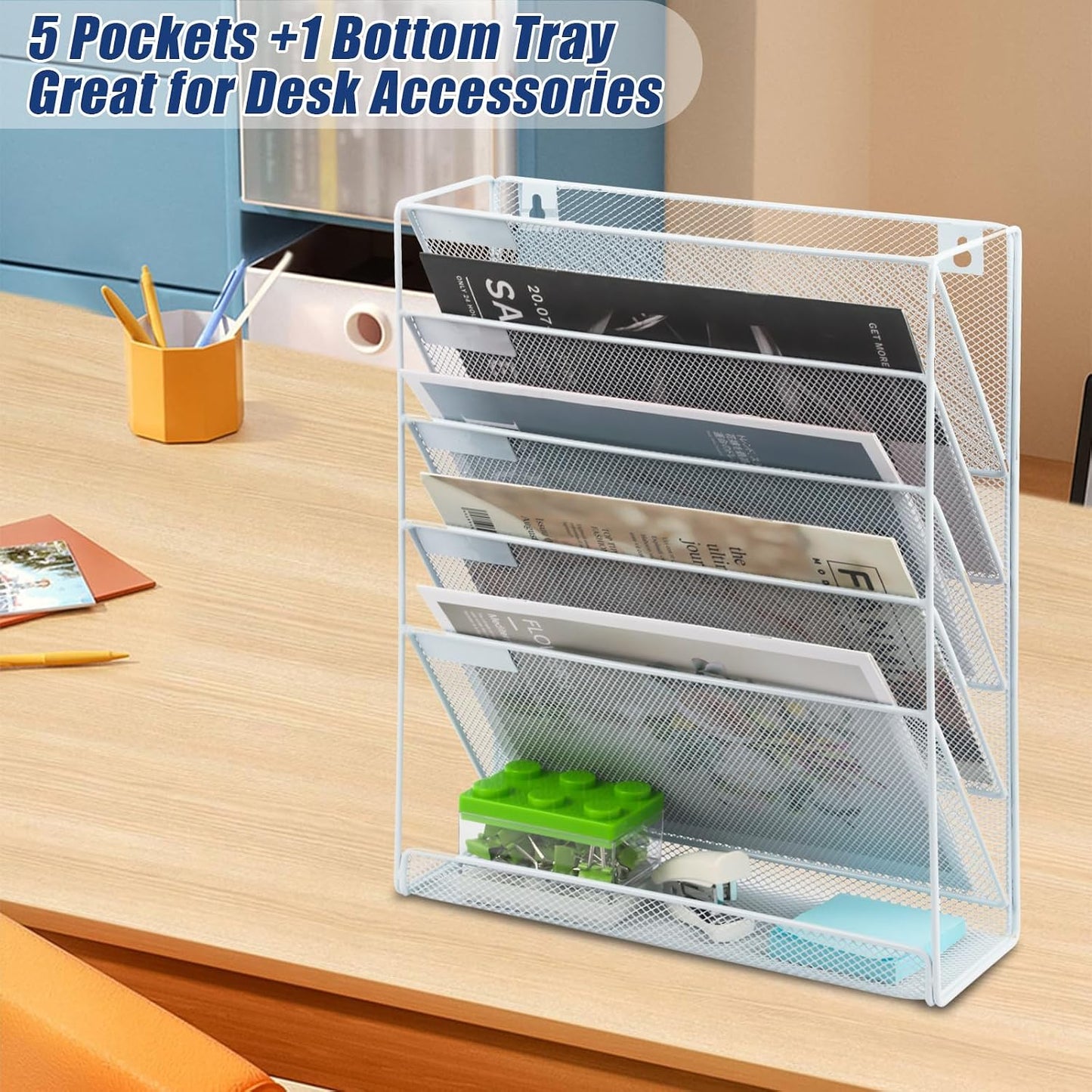 Desk File Organizer Mesh 6-Tier, Hanging Wall Mount Document Organization Stand, Desktop Vertical Mail Paper Folder