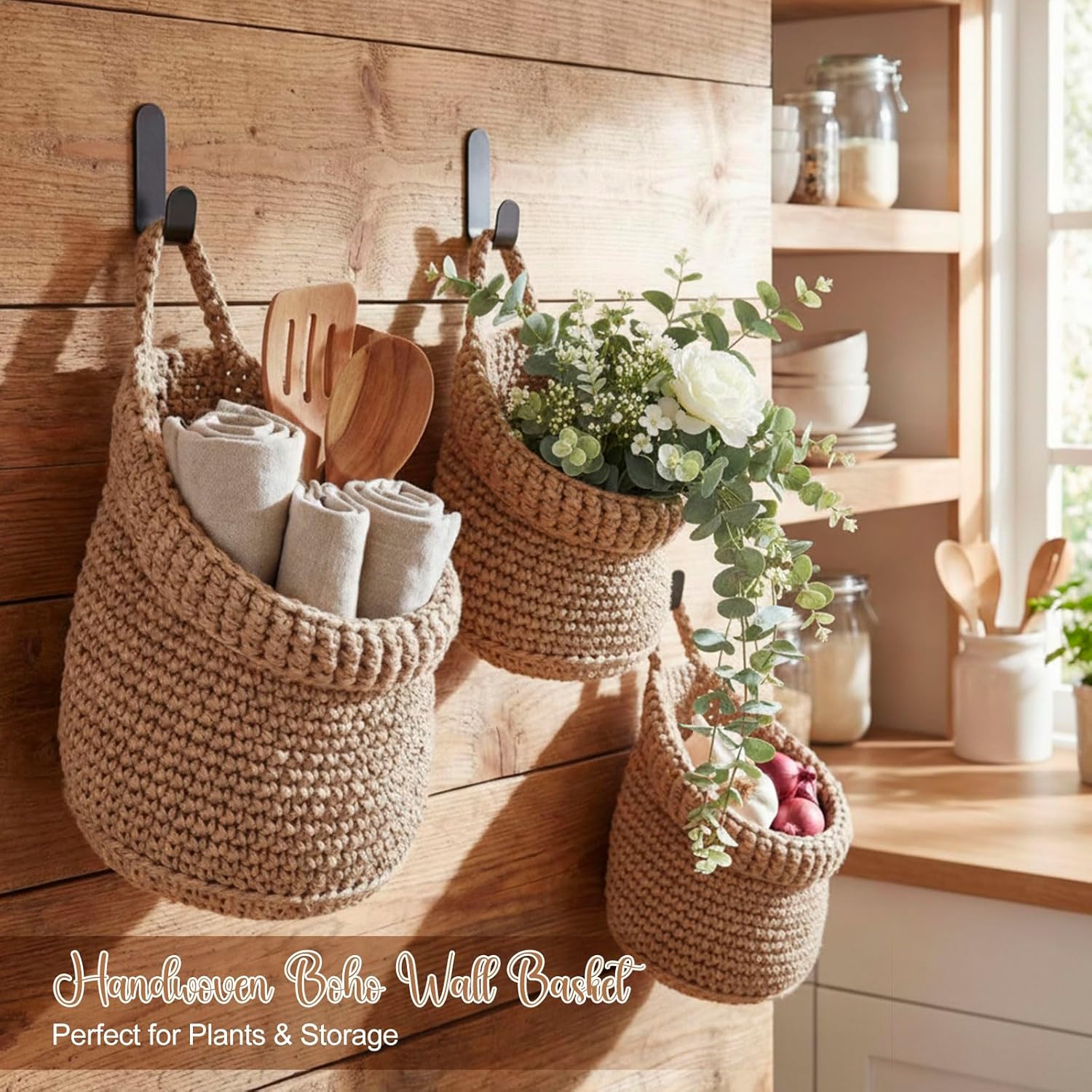 Boho Decor Hanging Wall Baskets / Linen / Cotton Rope / Barrel / Set of 3