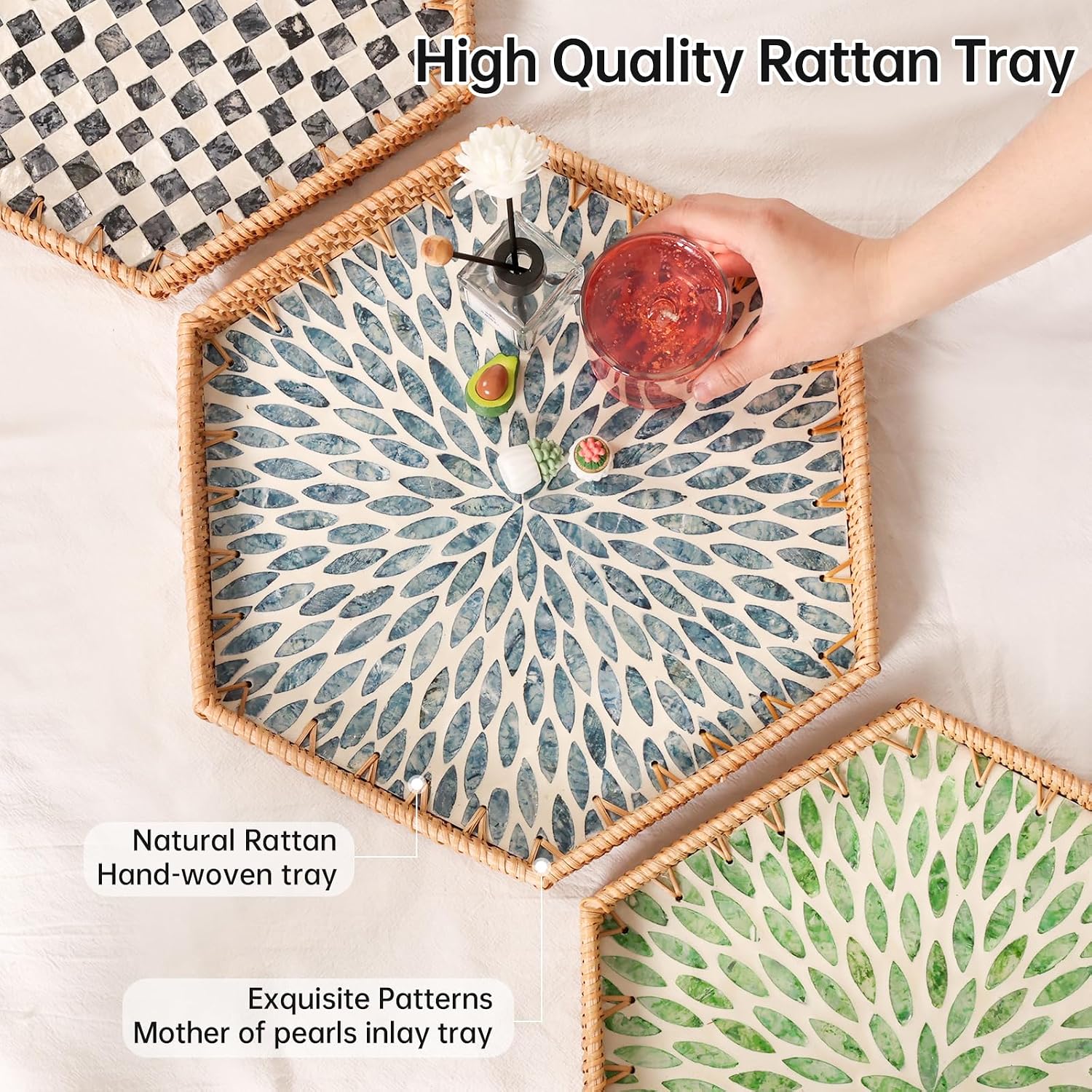 Hexagon Rattan Tray / Light Blue Leaves