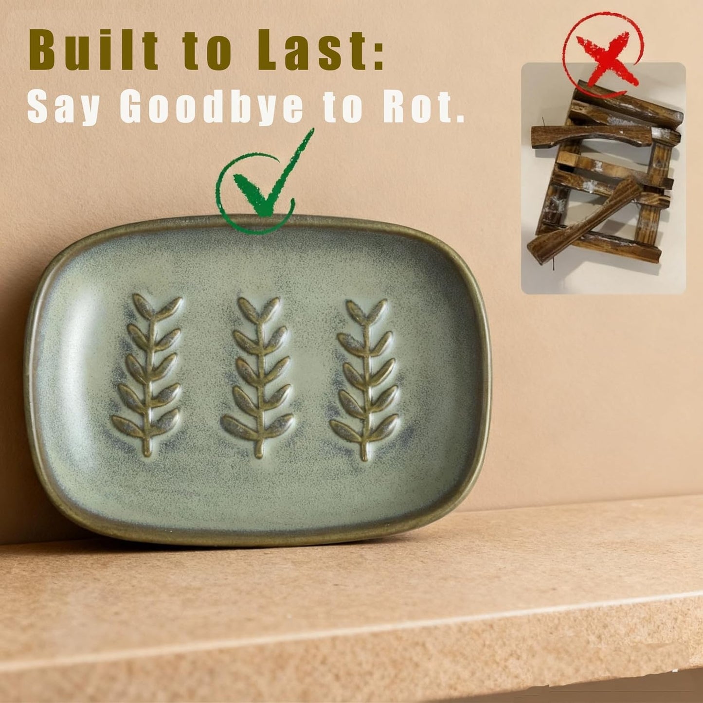 Ceramic Soap Dish Bar Soap Holder for Shower / Dark Green / Leaf Design