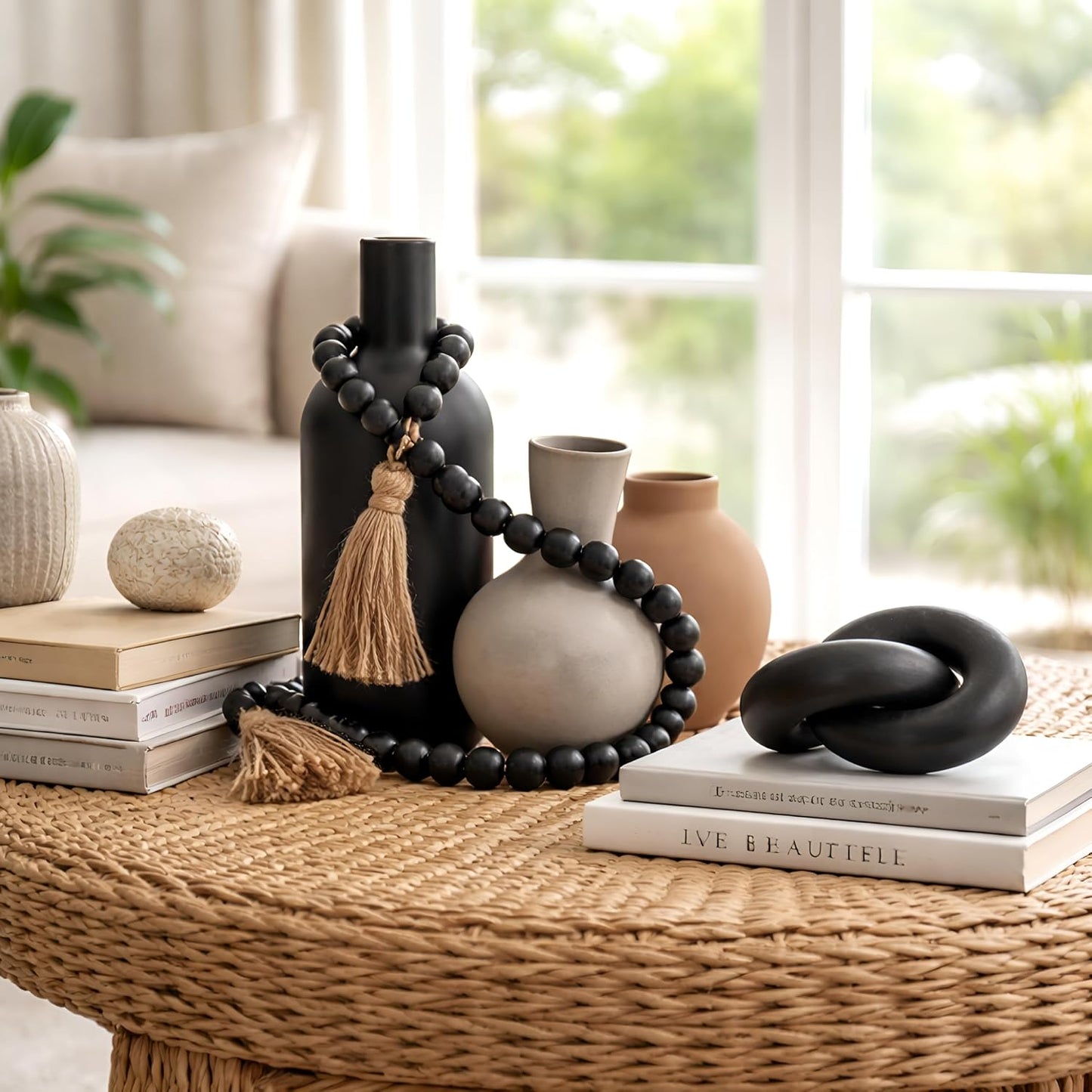 Ceramic Vase and Link Wood Knot Decor Coffee Table Decoration Boho Rustic Pottery / Black / Set of 5