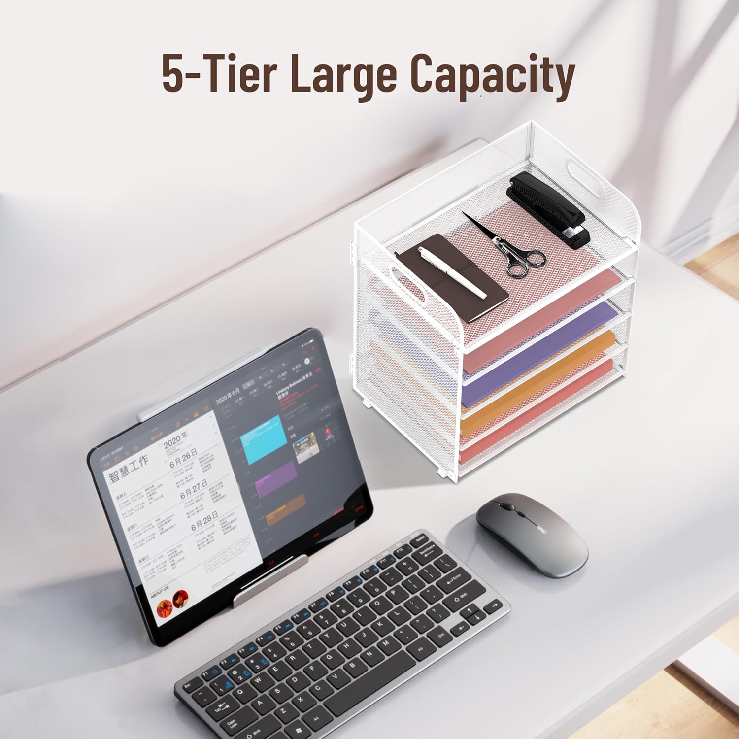 5 Trays Paper Organizer Letter Tray with Handle-Mesh Desk File Holders, Paper Sorter Desk Organizer for Office, Home