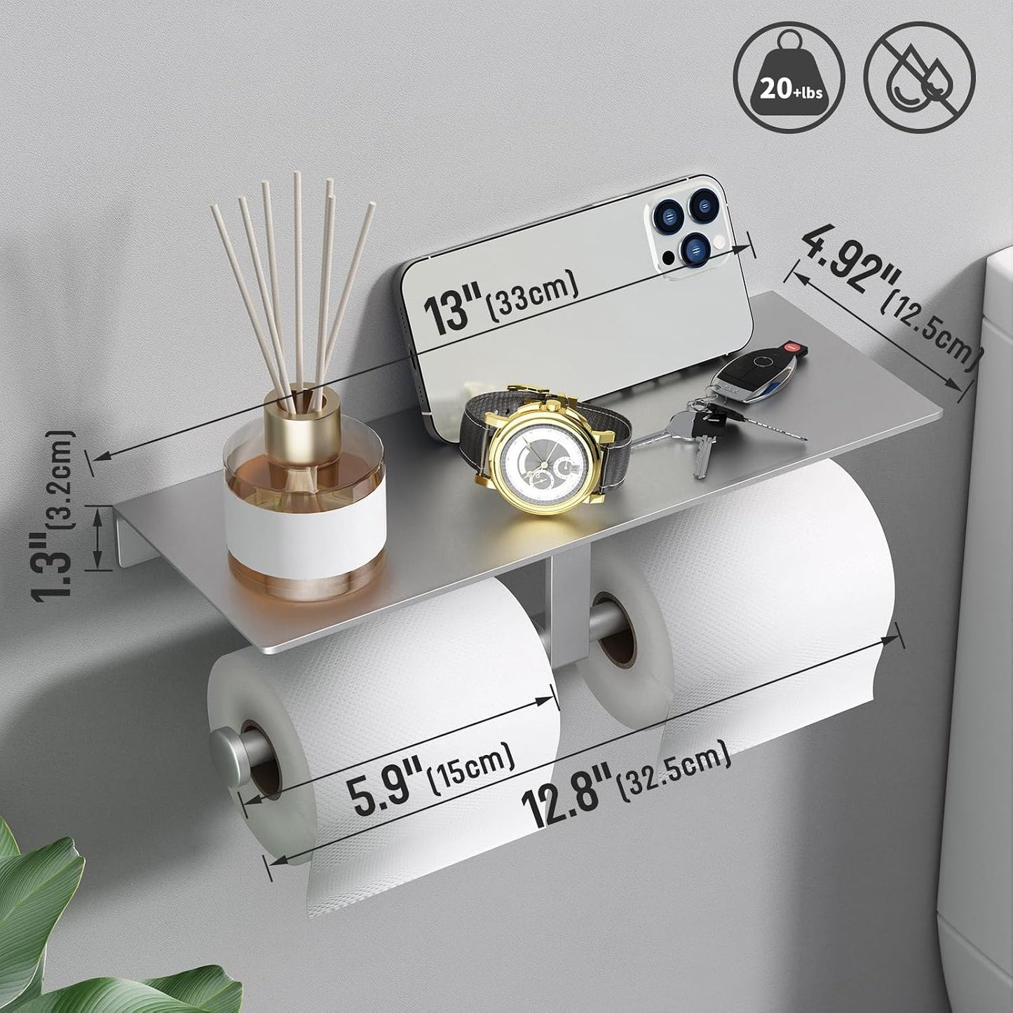 Bathroom Toilet Paper Holder with Shelf, Wall Mount, Double Roll, Silver