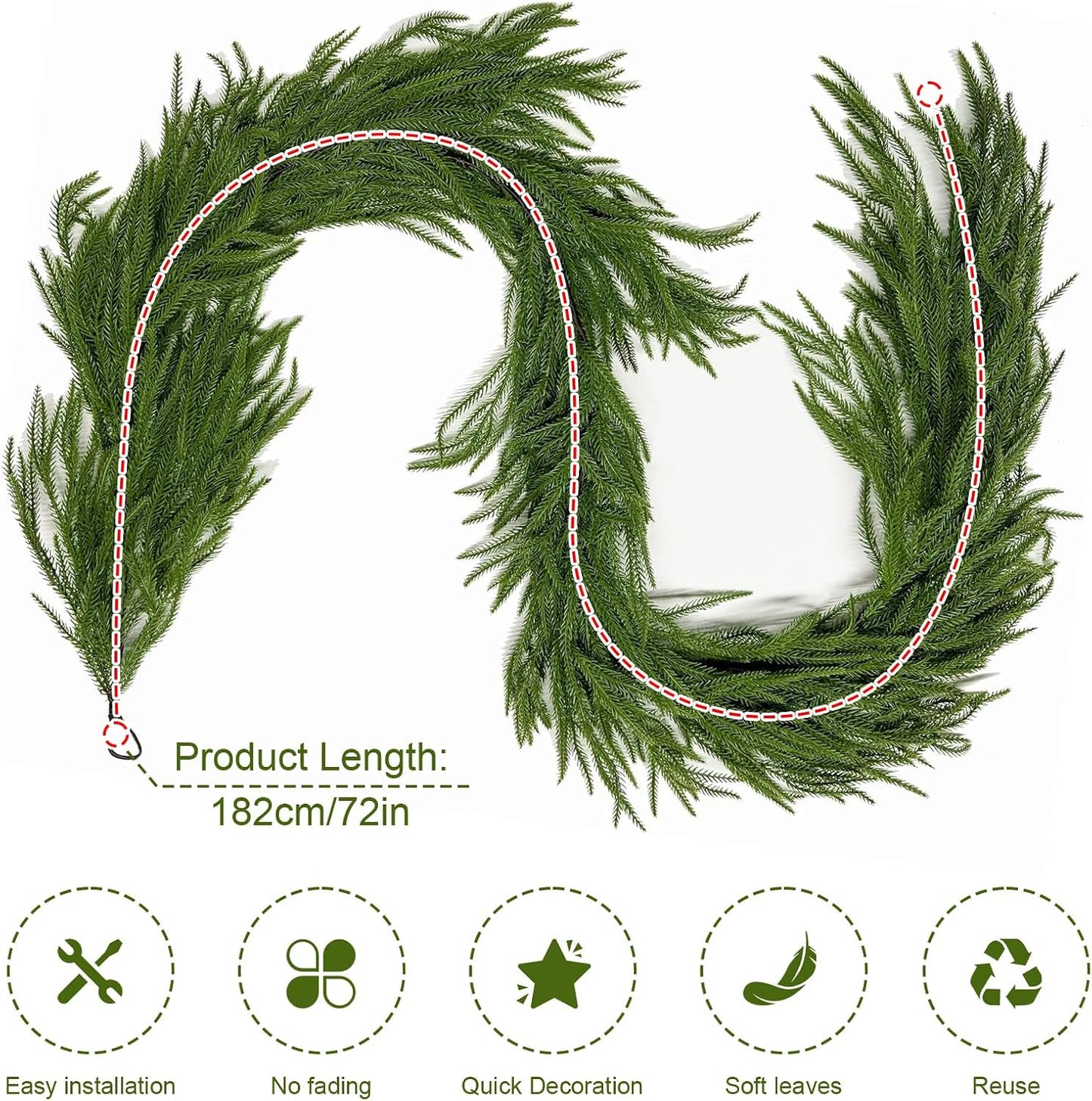2Pcs 6FT Artificial Norfolk Pine Garland, Real Touch Christmas Garlands | Realistic Faux Greenery Soft Textured Winter