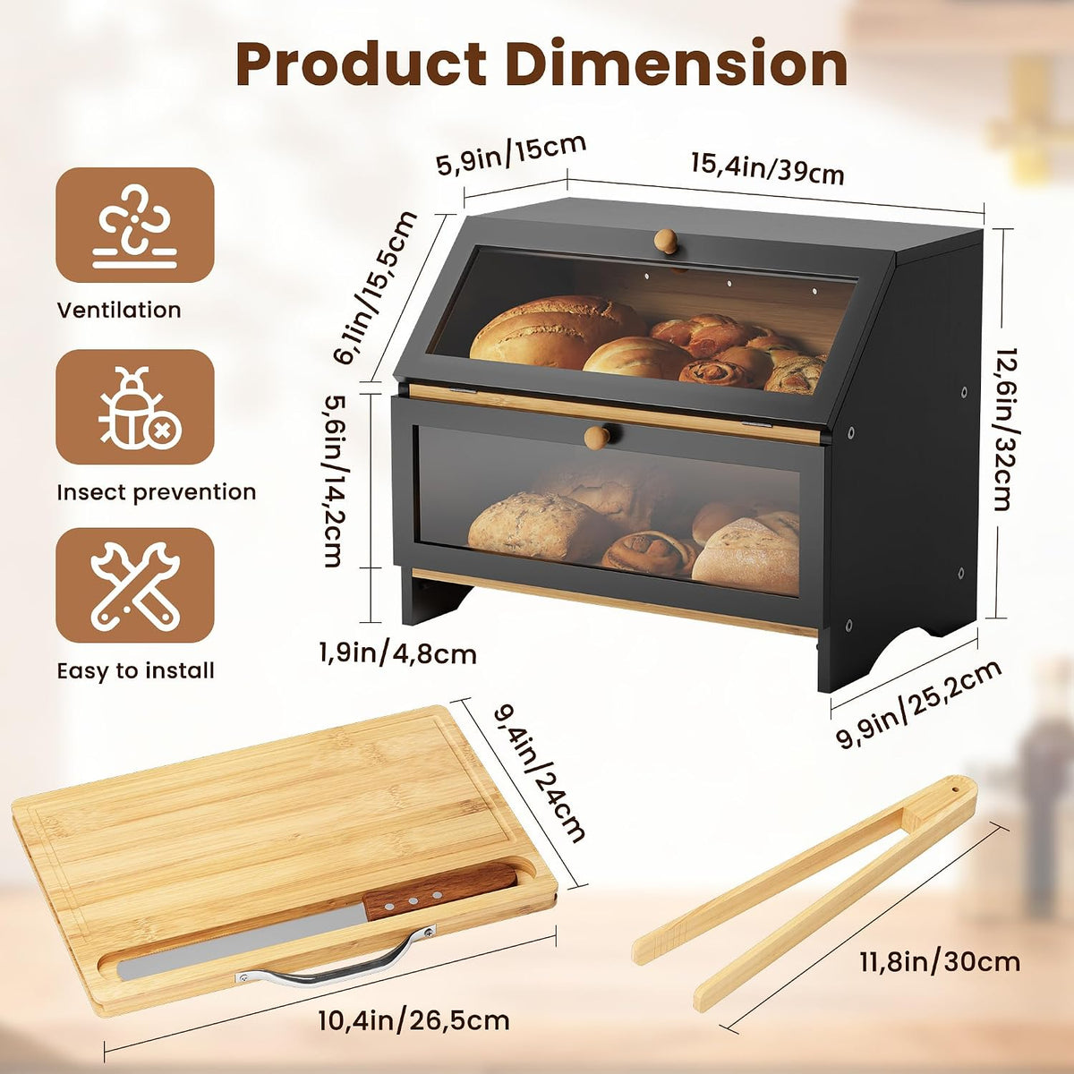 MAISONPEX Double Layer Bamboo Bread Box for Kitchen Countertop, Large Capacity, Cutting Board, Stainless Steel Bread