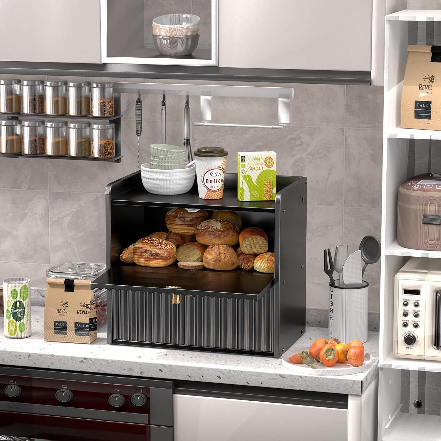 Bread Box for Kitchen Countertop, Large Bread Storage Container for Homemade Bread, Double Layer Farmhouse Breadbox