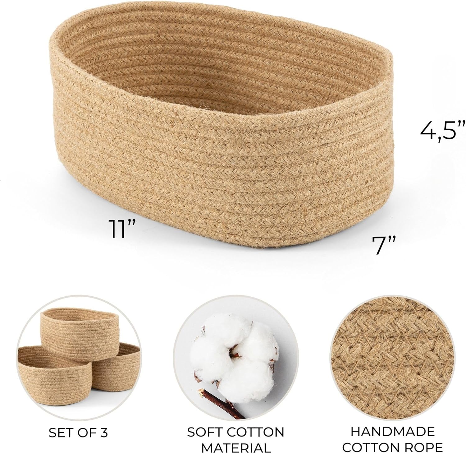 Storage Basket / Sturdy Jute Rope Baskets / Jute-brown / Set of 3