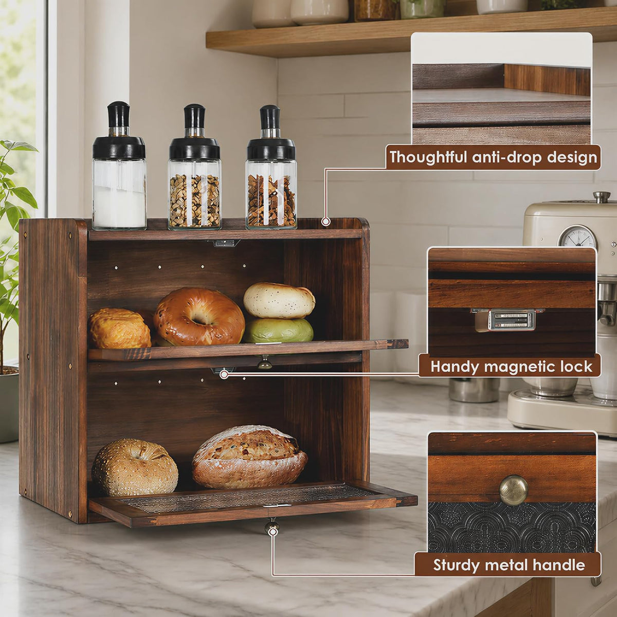 Sunhoo Bread Box for Kitchen Countertop, Large Pine Wood Breadbox, Brown | Farmhouse Pantry Container, Double Layer