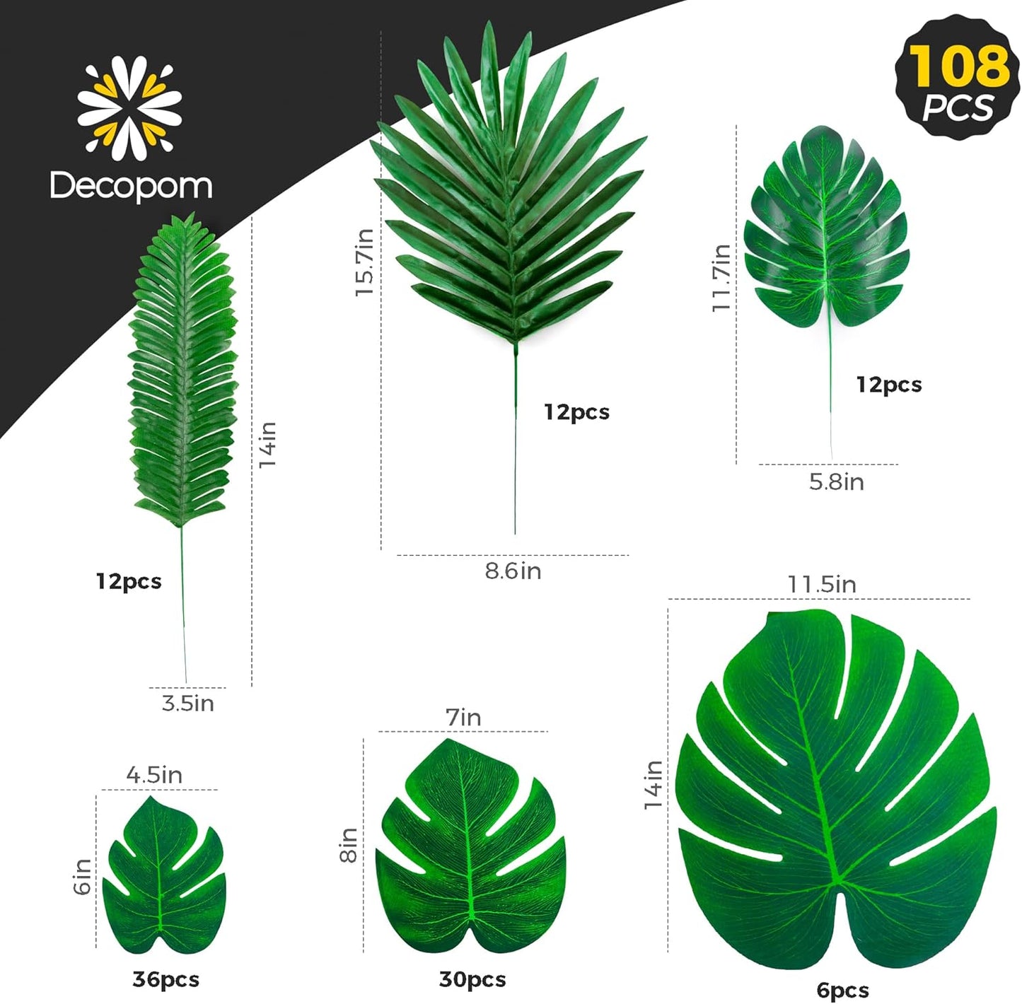 Palm Leaves Artificial Tropical Monstera / Green / Set of 108