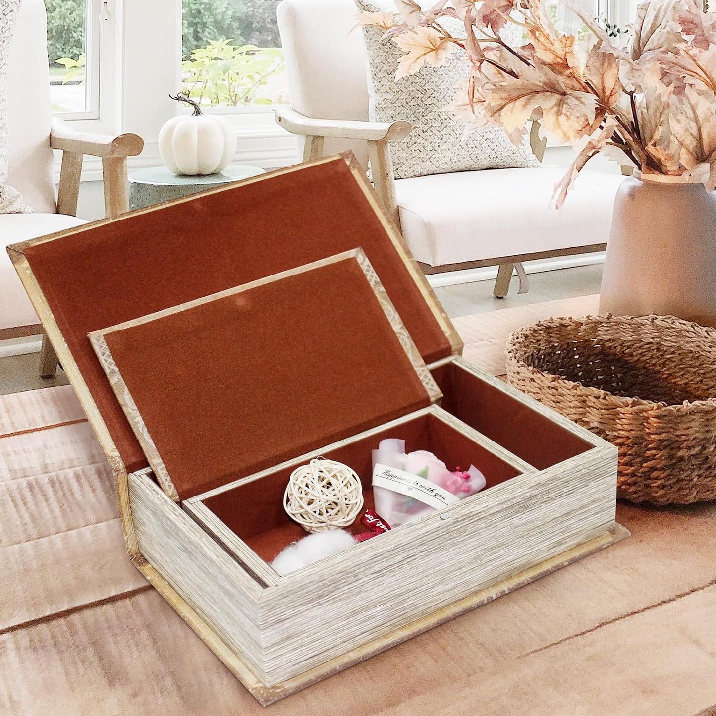 Magnetic Lock Faux Wooden Storage Book Box / Vintage Pattern / Set of 2