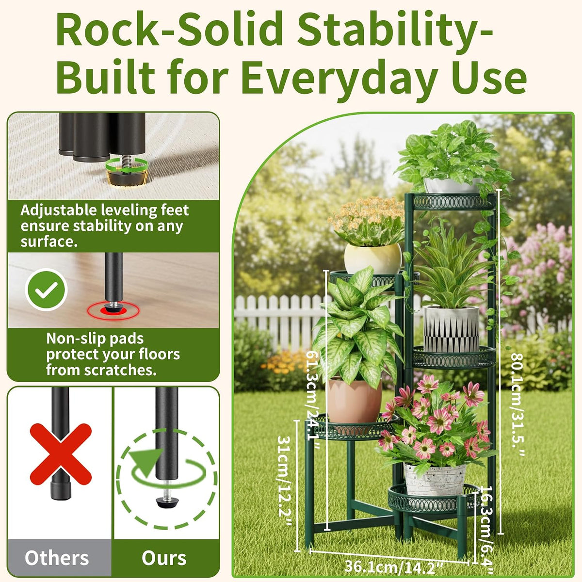 5-Tier Metal Plant Stand Indoor Outdoor, Corner Tall Plant Shelf for Multiple Plants, Foldable Plant Stand, Heavy Duty