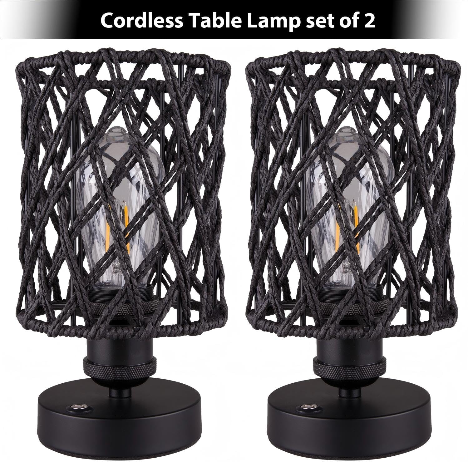 Cordless Outdoor Table Lamps, Small Rattan Boho, Rechargeable Battery Operated for Outdoor Patio, Home, Living Room