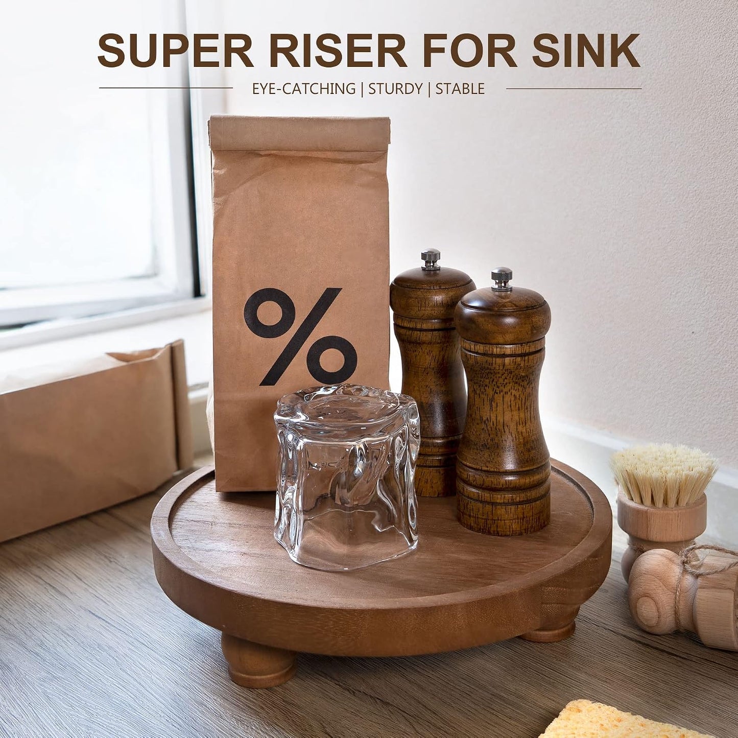 EOSAHR Wood Display Riser: Pedestal Stand for Rustic Kitchen Decor, Brown | 10" Round Display Stand, Soap & Candle