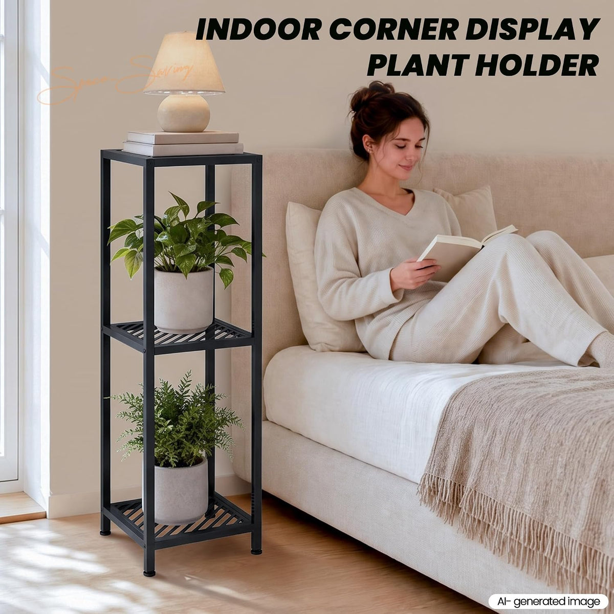 TOSKING Tall 3-Tier Heavy Duty Metal Plant Stand,12"x12"x42" ,Black | Indoor/Outdoor Corner Shelf, 300 LBS, 2 Height
