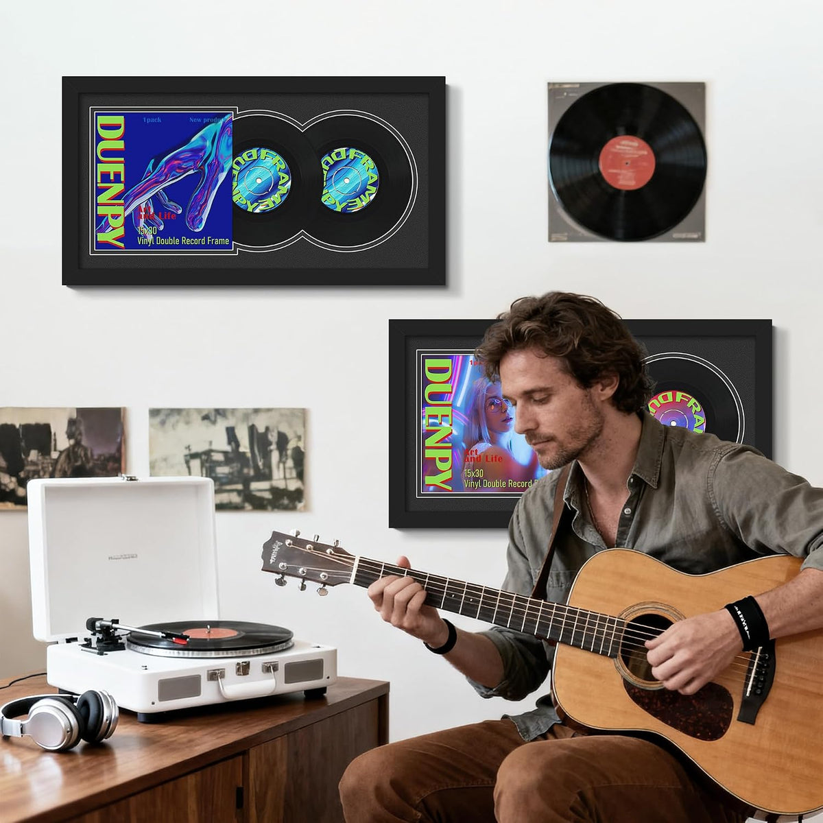 DUENPY 15.1x30 Vinyl Frame For 12.5x12.5 Cover Double Black Mat | Displays 12.5x12.5 Album Cover Art, Supports Wall