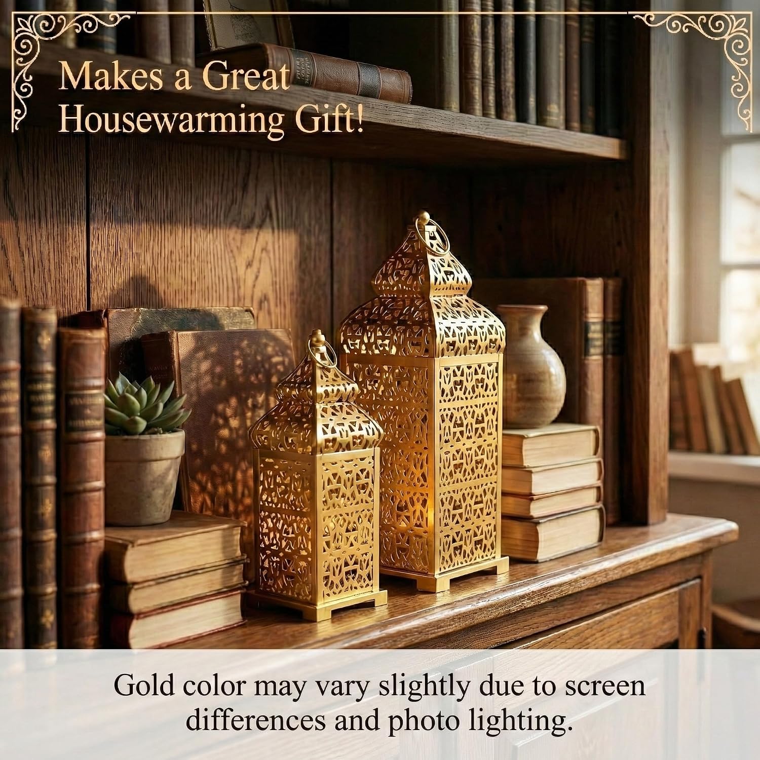 Vela Lanterns Decorative Indoor Moroccan Candle Holders, Gold, Set of 2 | Ramadan, Eid & Islamic Home Decor, Large
