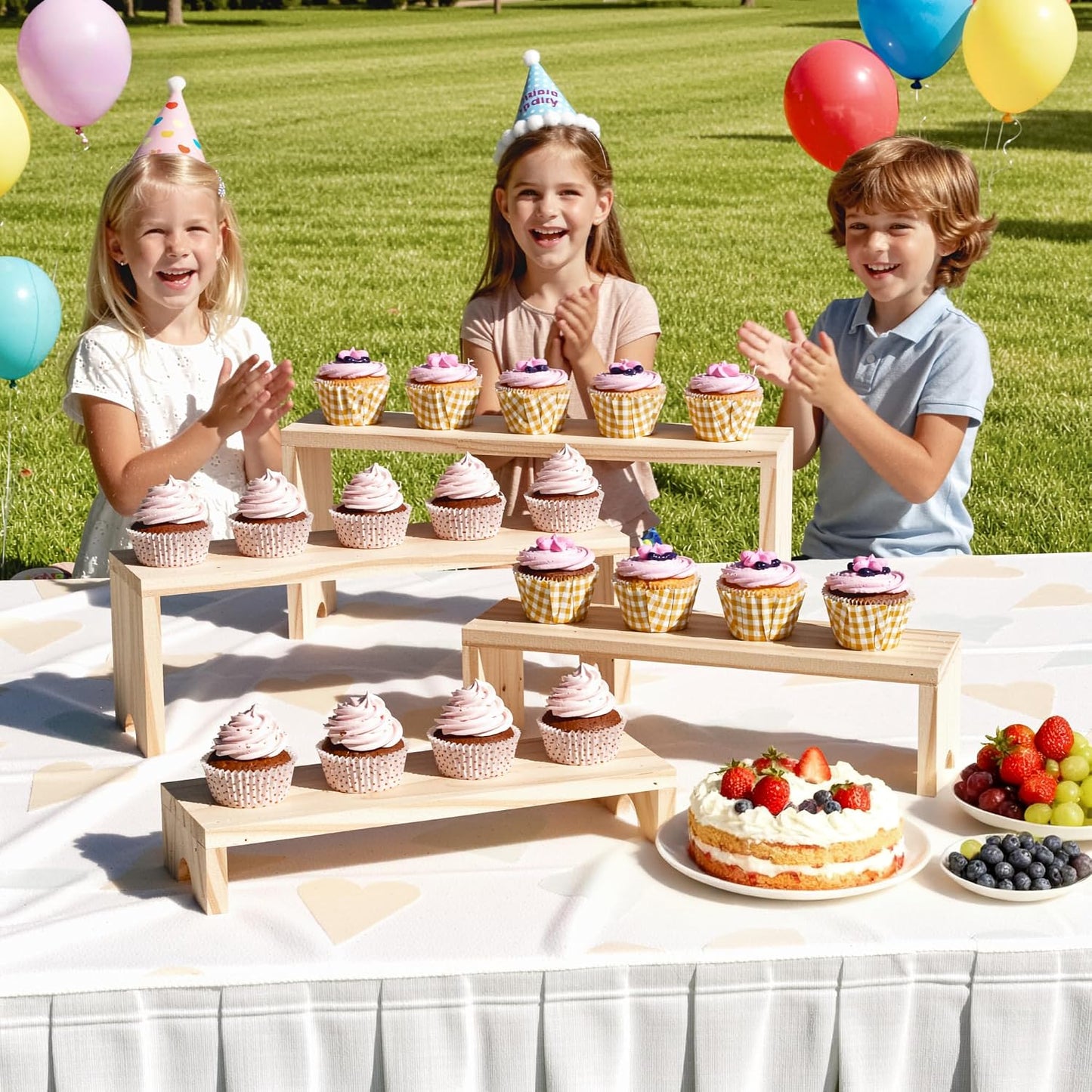 4 Tier Large Display Wooden Riser Stand Decorative Rectangular Wood Racks / Wood Color / Set of 4