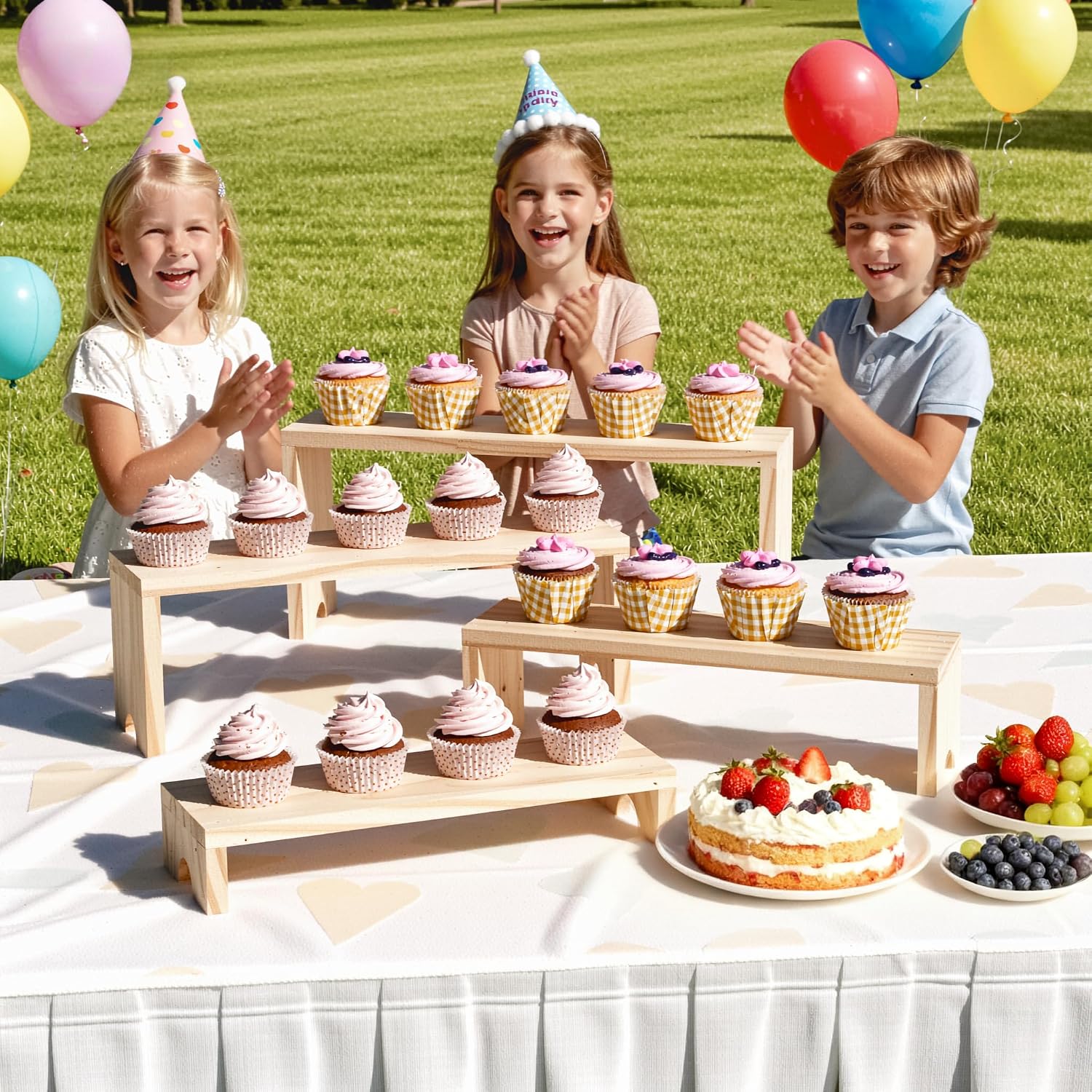 4 Tier Large Display Wooden Riser Stand Decorative Rectangular Wood Racks / Wood Color / Set of 4