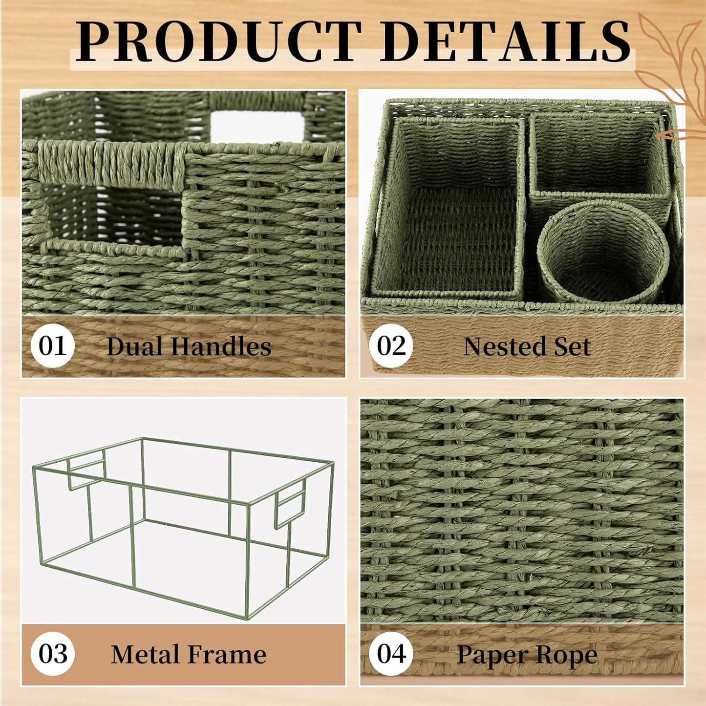 Wicker Baskets for Organizing / Green / Set of 4