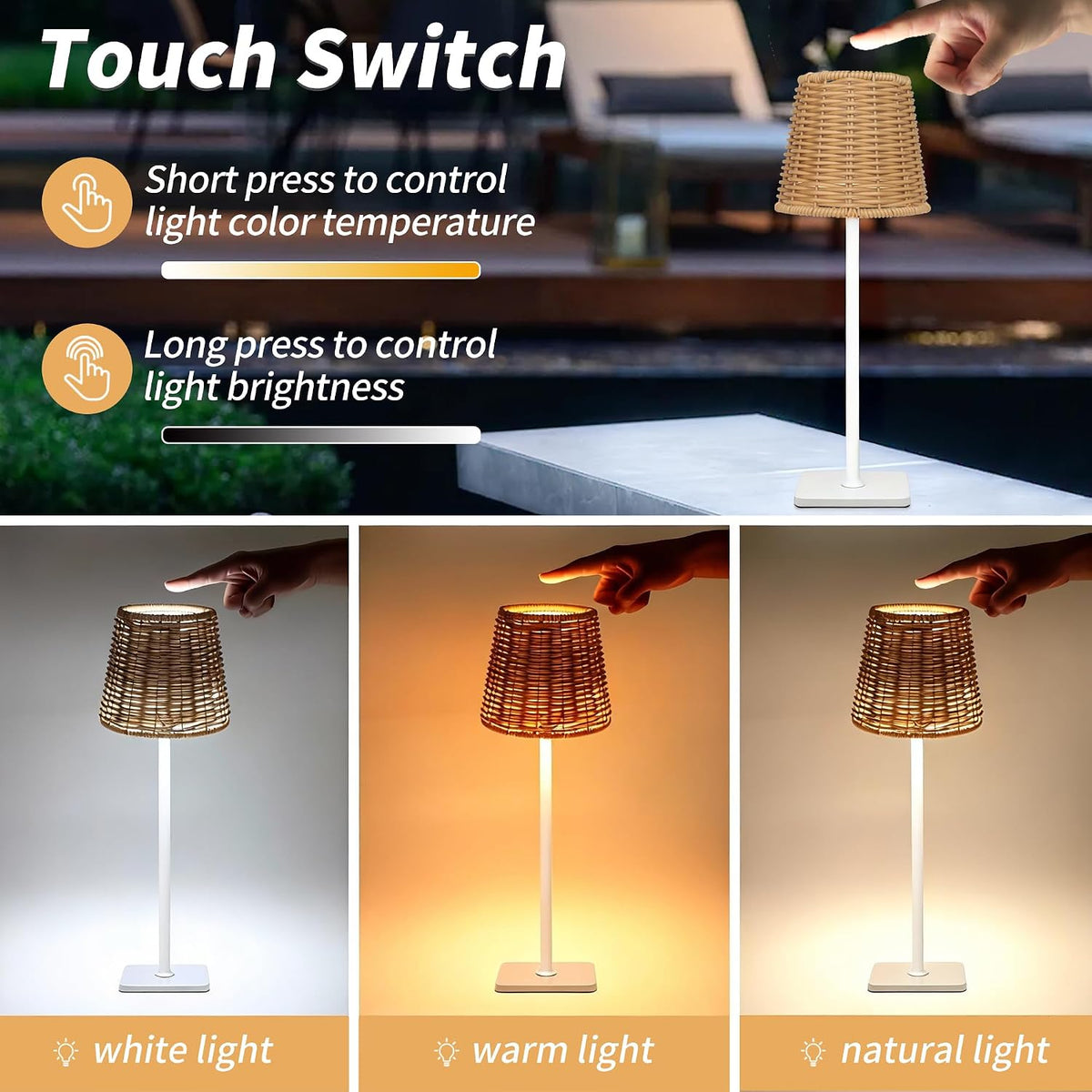 Mr.White Set of 2 Waterproof Outdoor Rechargeable Cordless Table Lamp with Wicker Shade, for Patio Restaurant Kitchen