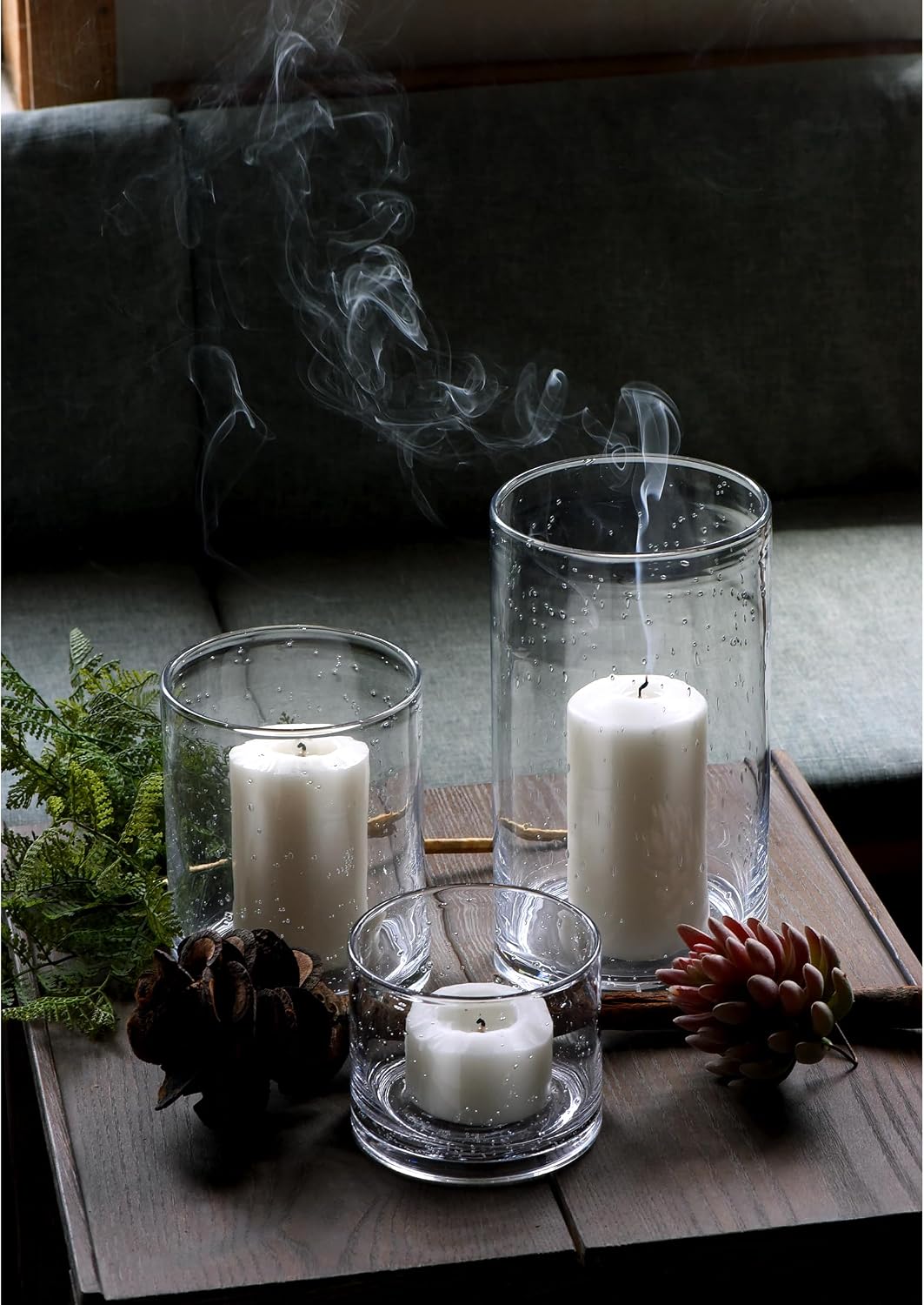 Hurricane Candle Holders Glass Cylinders Set of 3 (10" 7" 4") | Clear Seeded Bubbles, Cylinder Vases For Pillar