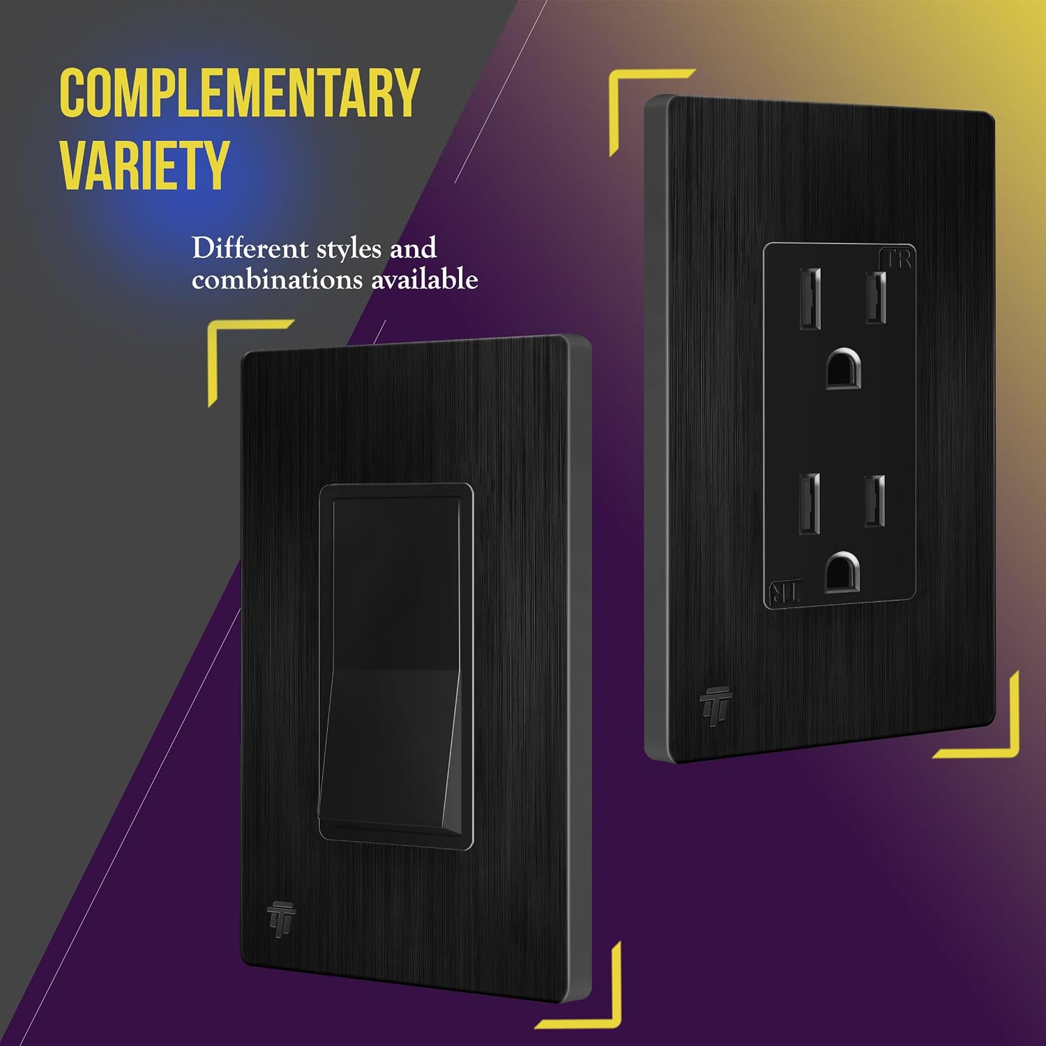 ENERLITES 1-Gang Brushed Black Screwless Decorator Wall Plate Outlet Cover | 10 Pack, Size 4.68" x 2.93", Fits light