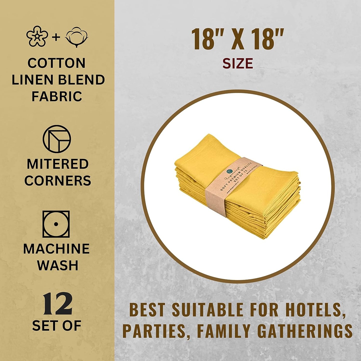 FINGERCRAFT Cloth Napkin, Cotton Linen, Set of 12, 18x18 inch, Gold | Mitered, premium quality, soft, absorbent fabric