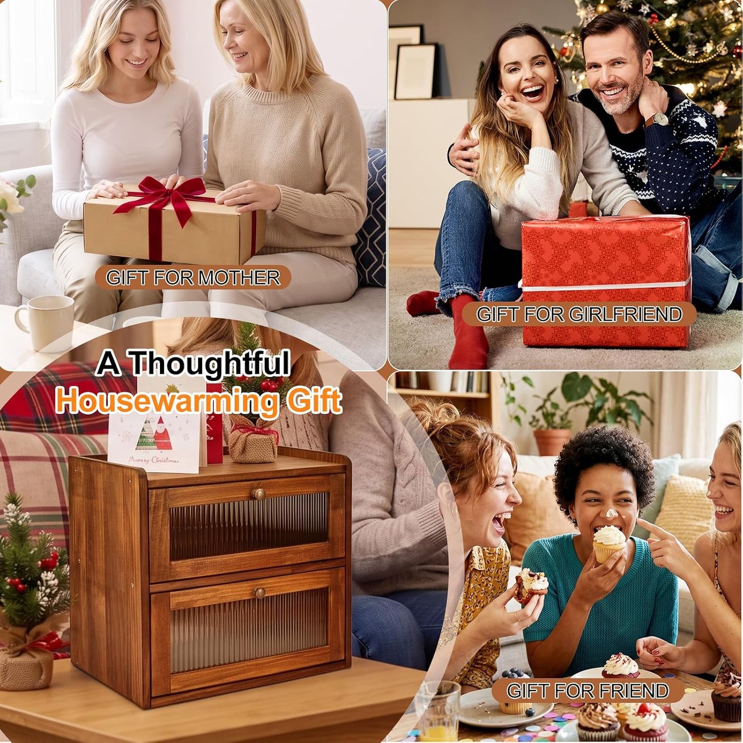 Alpeir Wooden Bread Box for Kitchen Countertop, Large Double Layer, Brown | Food-Safe Pine Wood, Double-Row
