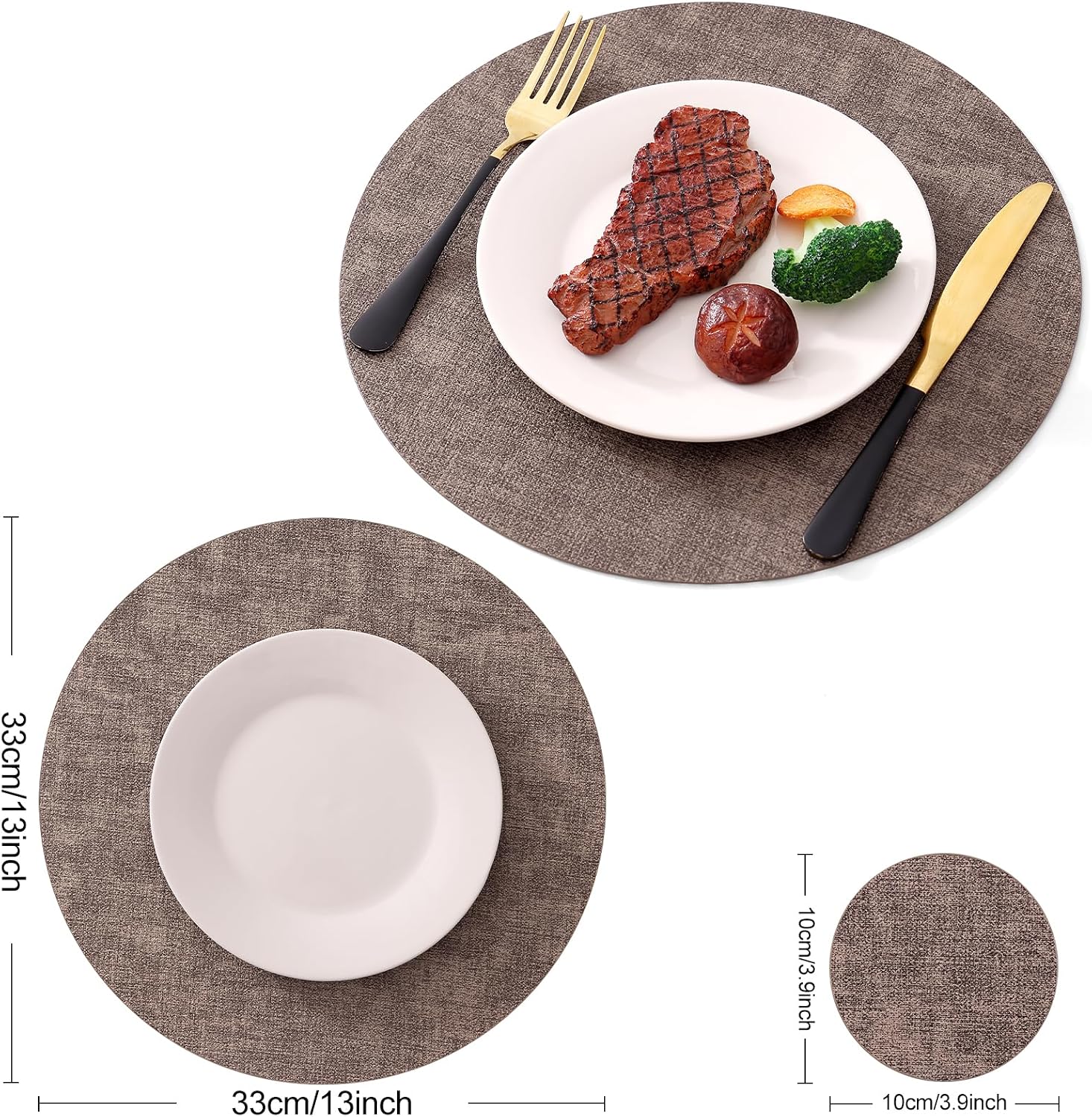 Homaxy Round Faux Leather Placemats and Coasters, Set of 8, Dark Brown | Washable Dual-side Table Mats, Wipeable Place