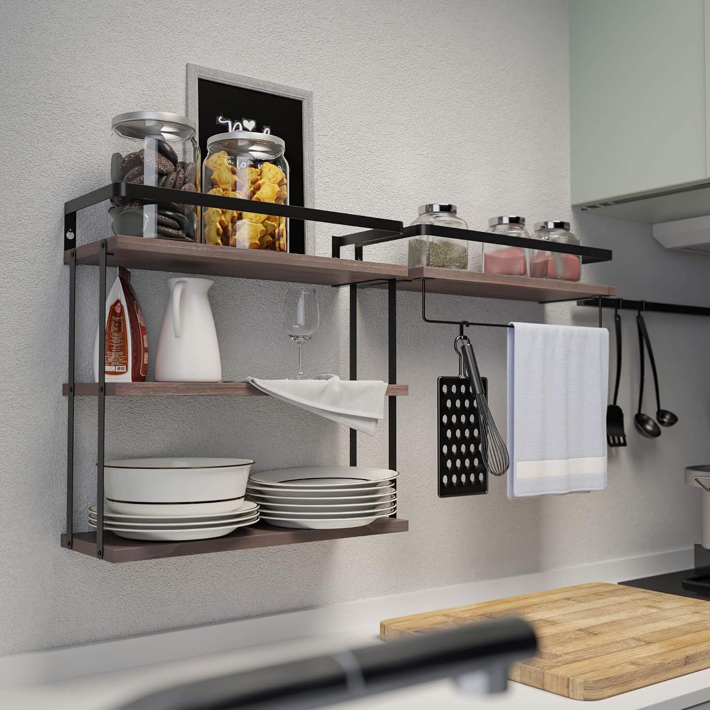 RICHER HOUSE Floating Shelves Bathroom, Wall Mounted Shelf Over Toilet | 3+1 Tier, with Metal Rail, Towel Rack, Paper