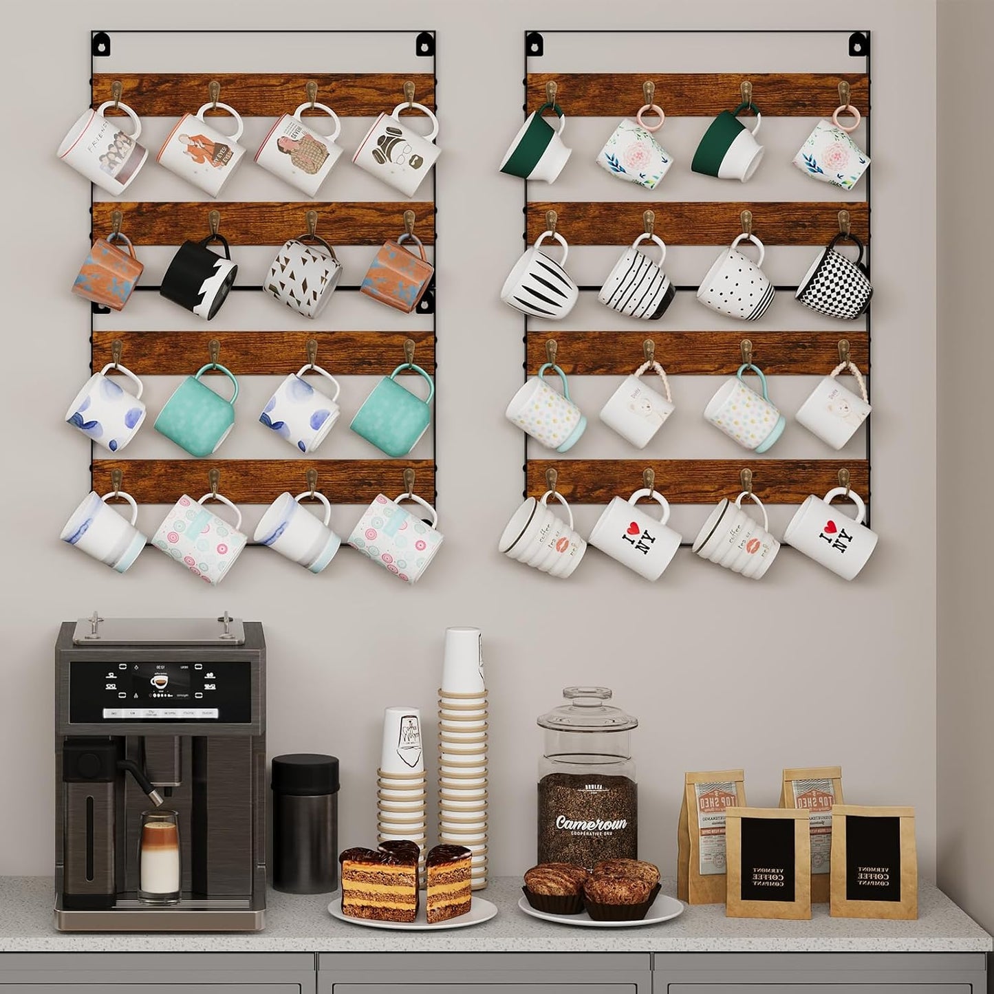 Huxitocan Wall Mount Coffee Mug Holder - Rustic Wood and Iron, Holds Up to 24 Mugs (3Pack) for Kitchen, Home, Coffee Bar