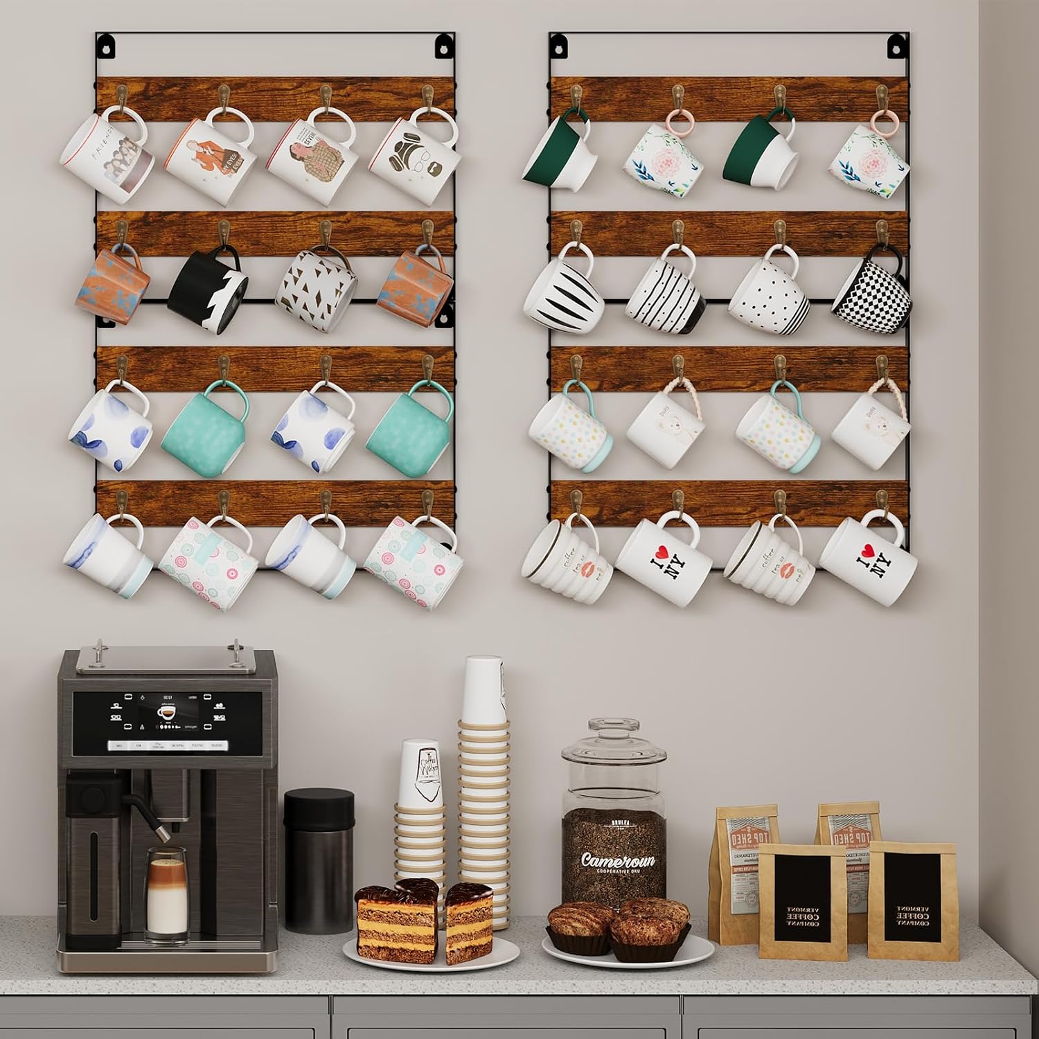 Huxitocan Wall Mount Coffee Mug Holder - Rustic Wood and Iron, Holds Up to 24 Mugs (3Pack) for Kitchen, Home, Coffee Bar