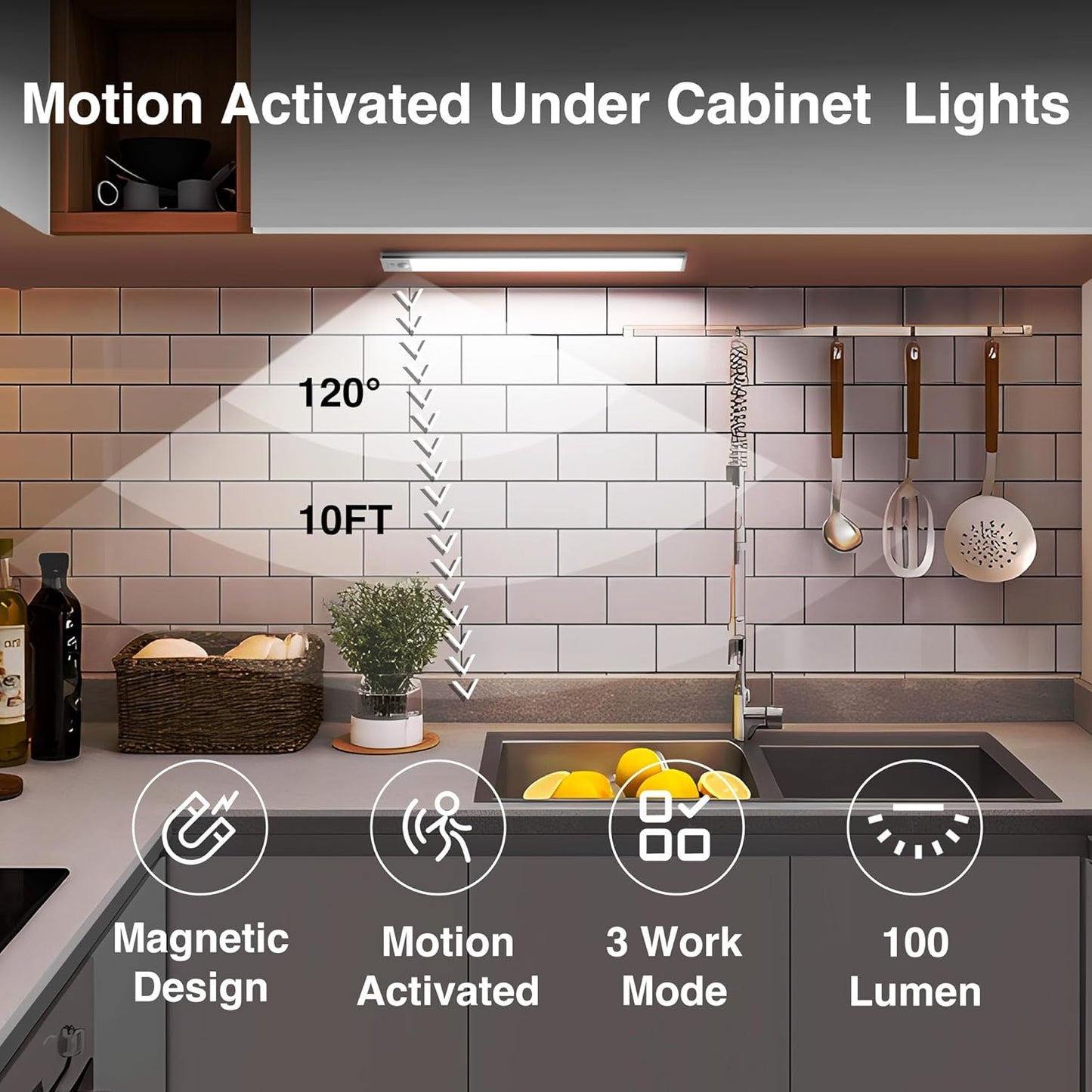 DAYBETTER 8inch Under Cabinet Lighting,4 Pack Motion Sensor Light Indoor | Rechargeable,3 Color Temps,5 Levels Dimmable