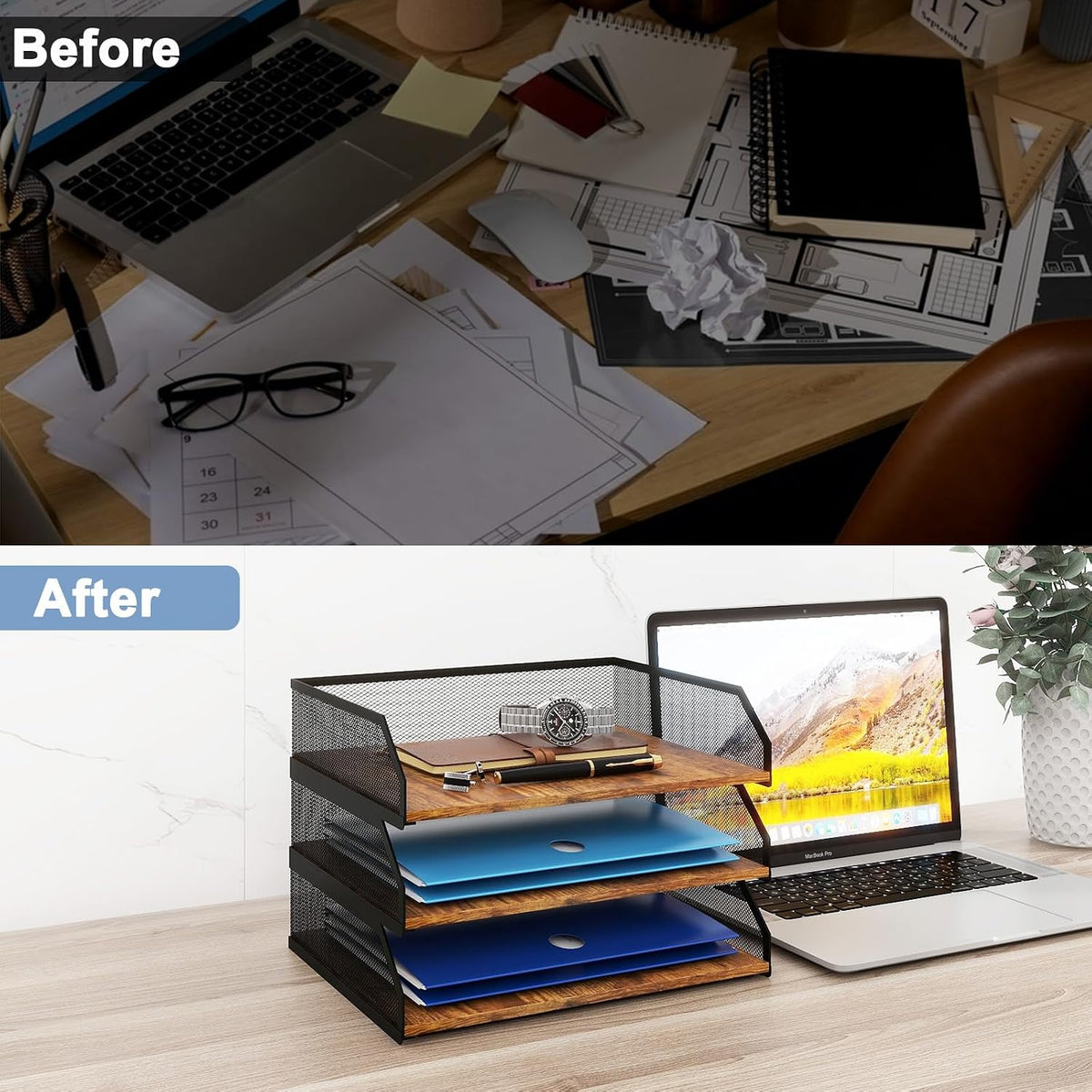 Natwind 3-Tier Stackable Metal Mesh Paper Organizer with Sliding Tray,Retro | Wooden Desk Organizer, Letter Tray For