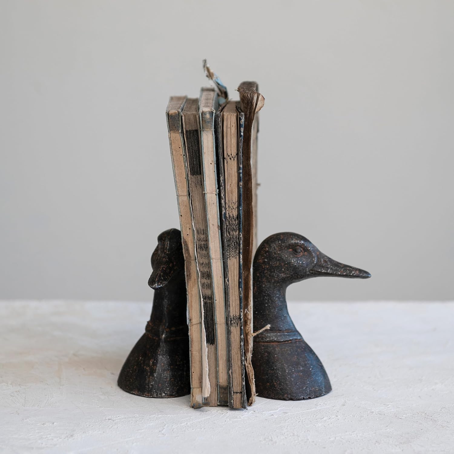 Decorative Distressed Cast Metal Duck Head Bookends / Black / Set of 2