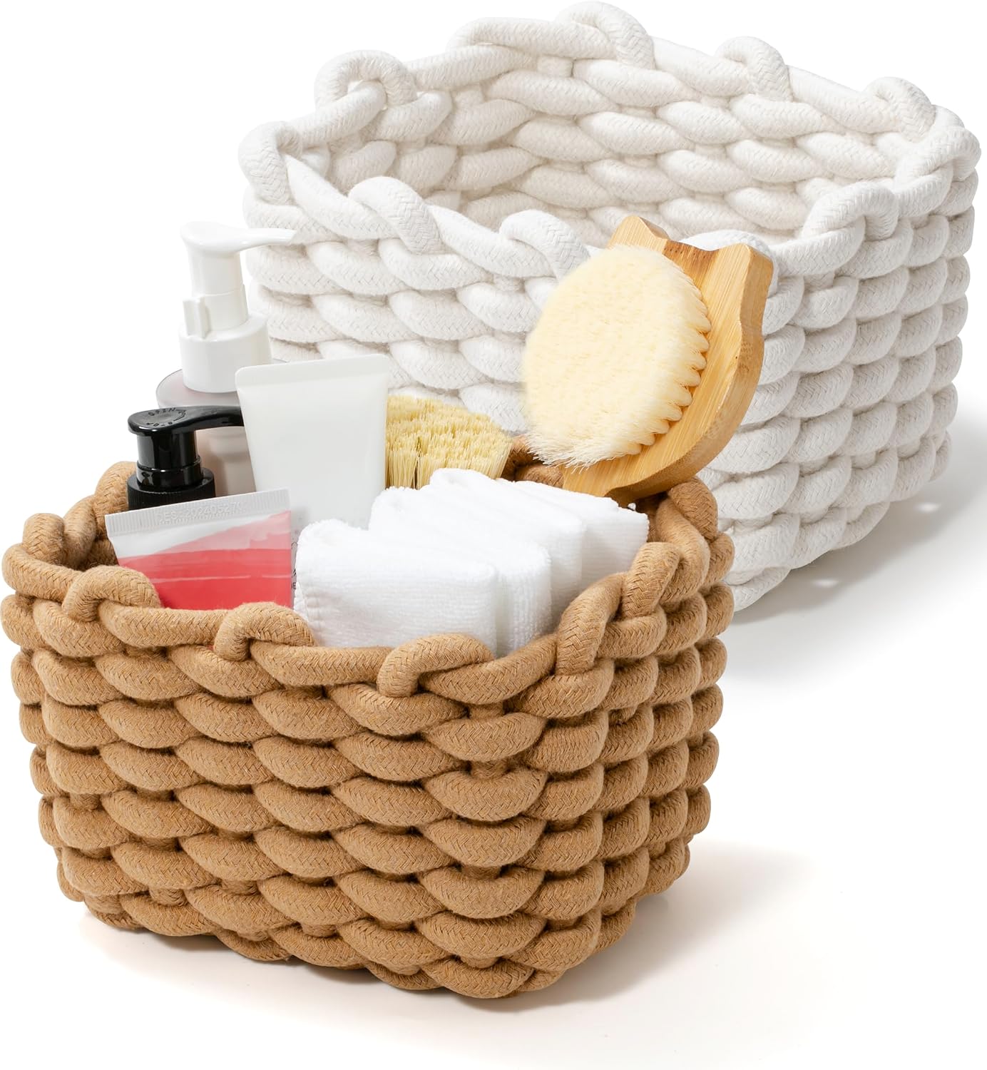 Woven Decorative Storage Bins for Shele / White & Khaki / Set of 2