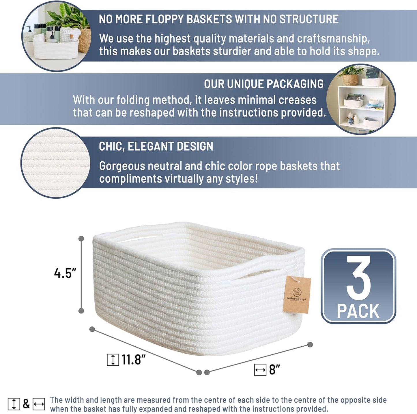 Cotton Rope Woven Small Baskets for Organizing / Off White / 11.8 x 8 x 4.5 / Set of 3